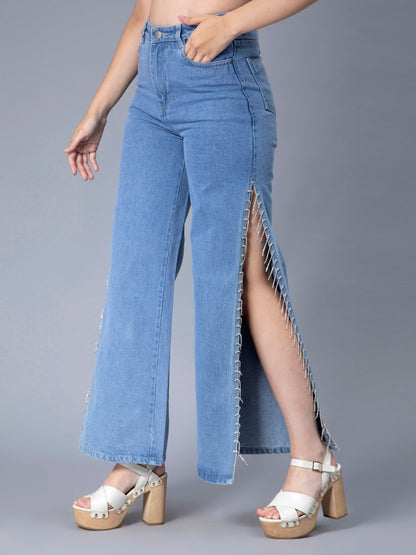 Rhinestones Fringe Side Slit Denim Jeans