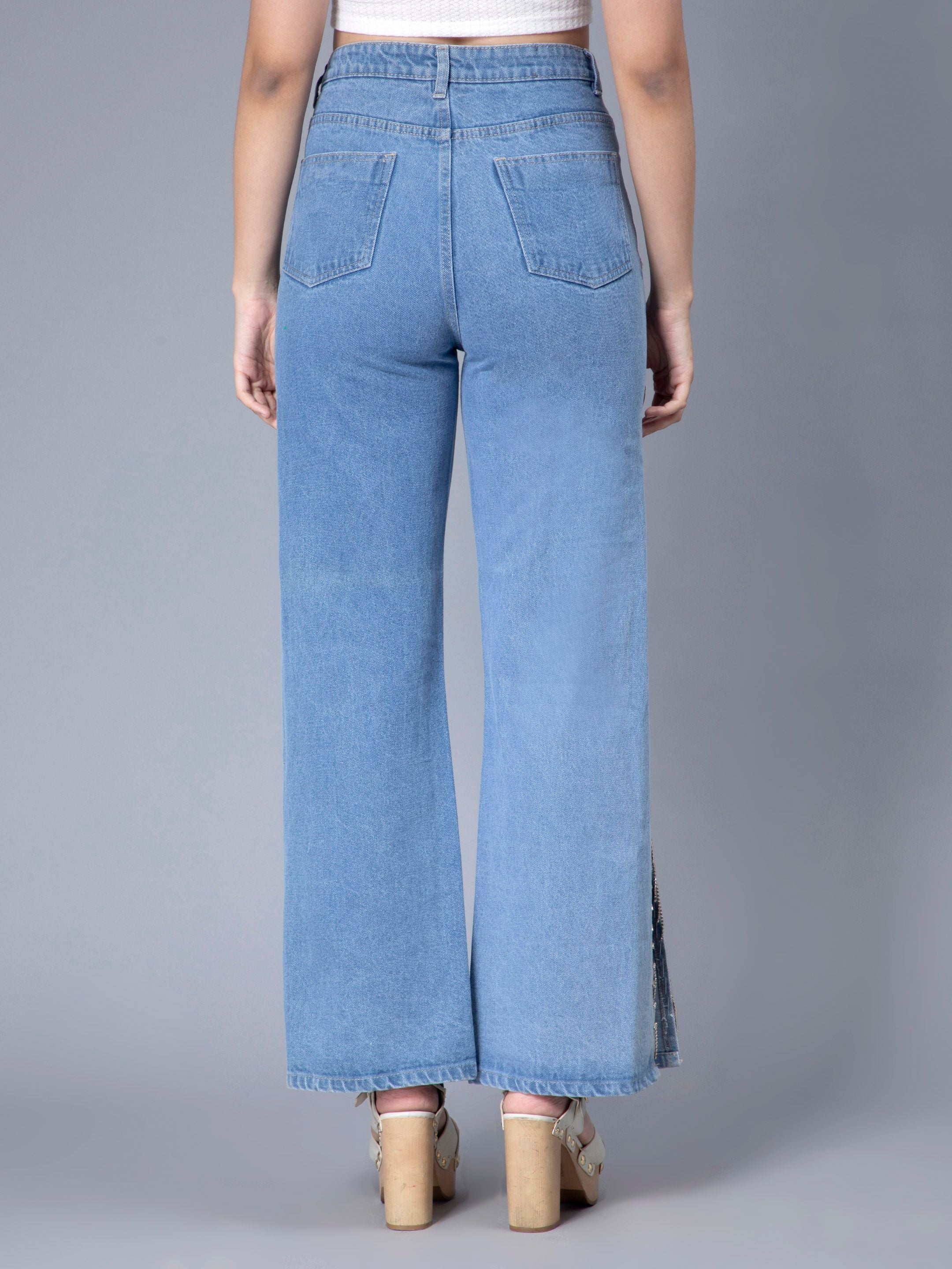 Rhinestones Fringe Side Slit Denim Jeans