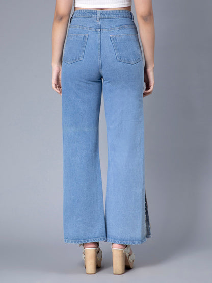 Rhinestones Fringe Side Slit Denim Jeans