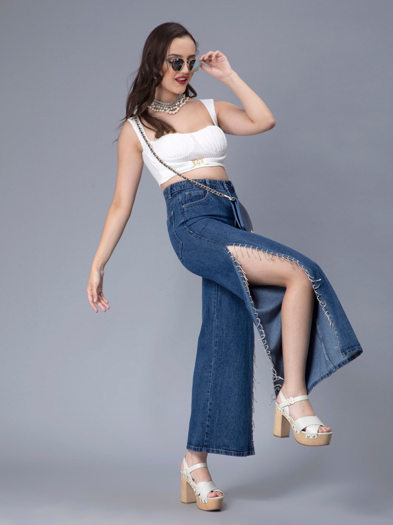 Rhinestones Fringe Side Slit Denim Jeans