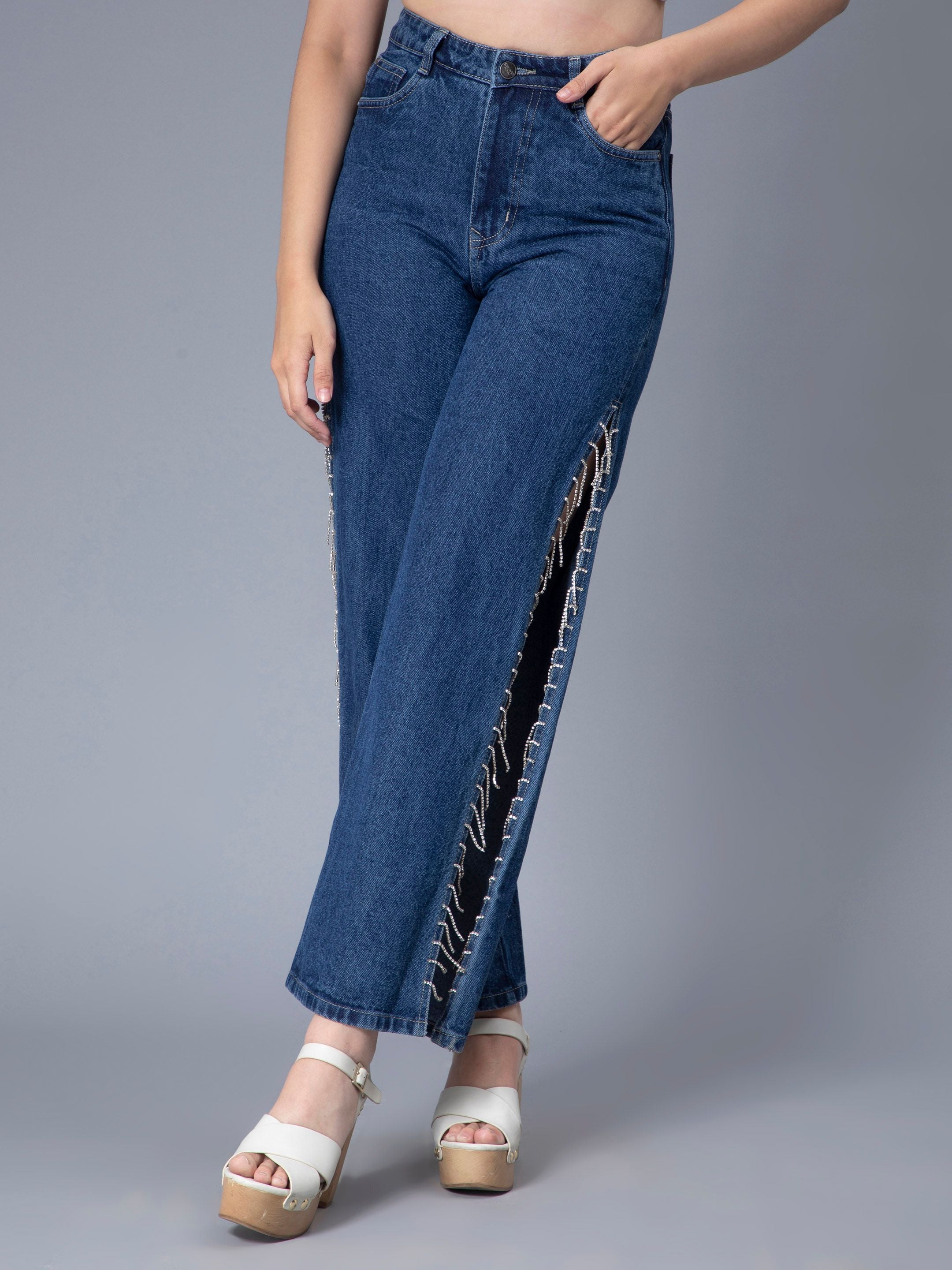 Rhinestones Fringe Side Slit Denim Jeans