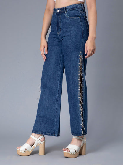Rhinestones Fringe Side Slit Denim Jeans