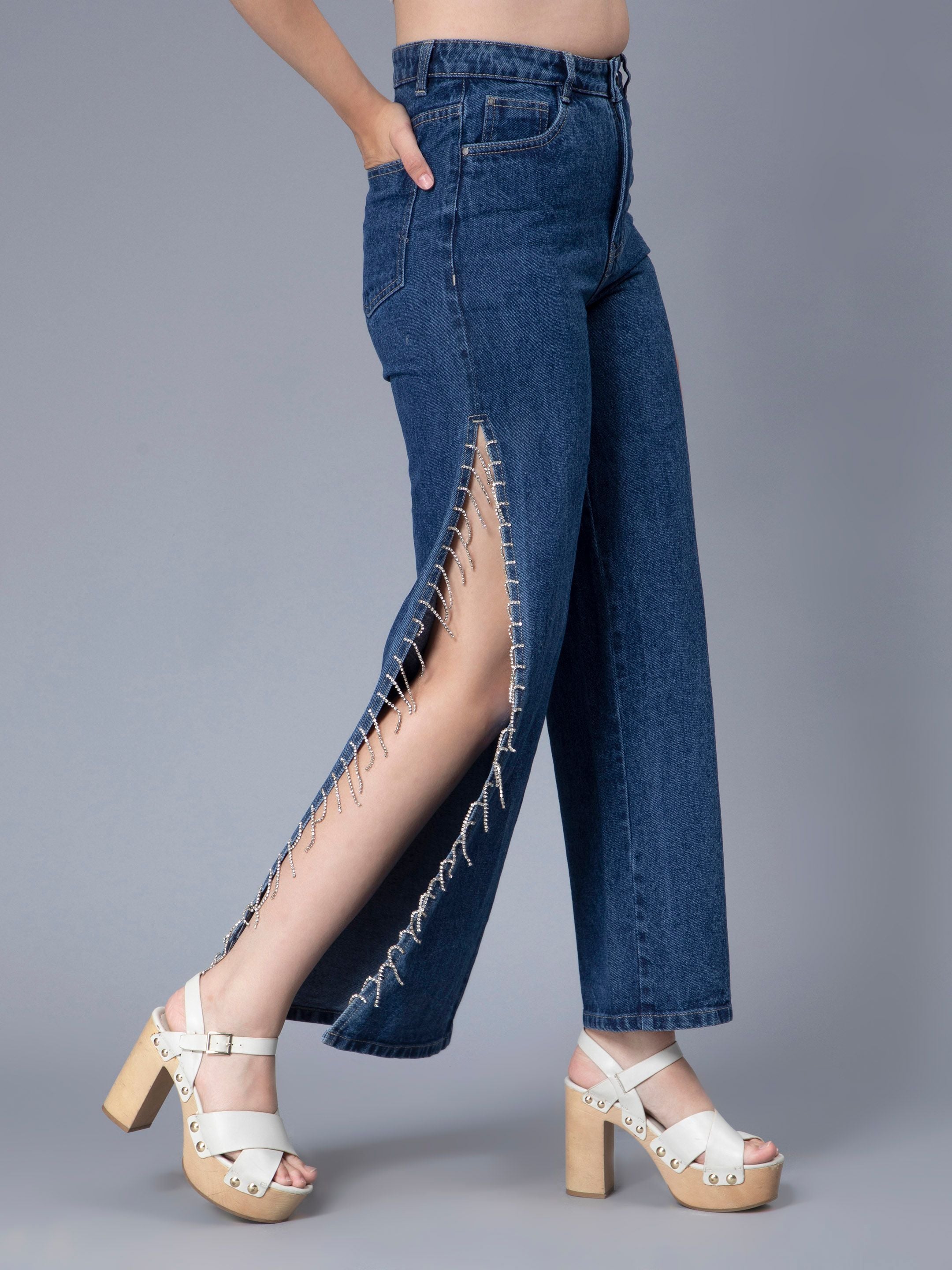 Rhinestones Fringe Side Slit Denim Jeans