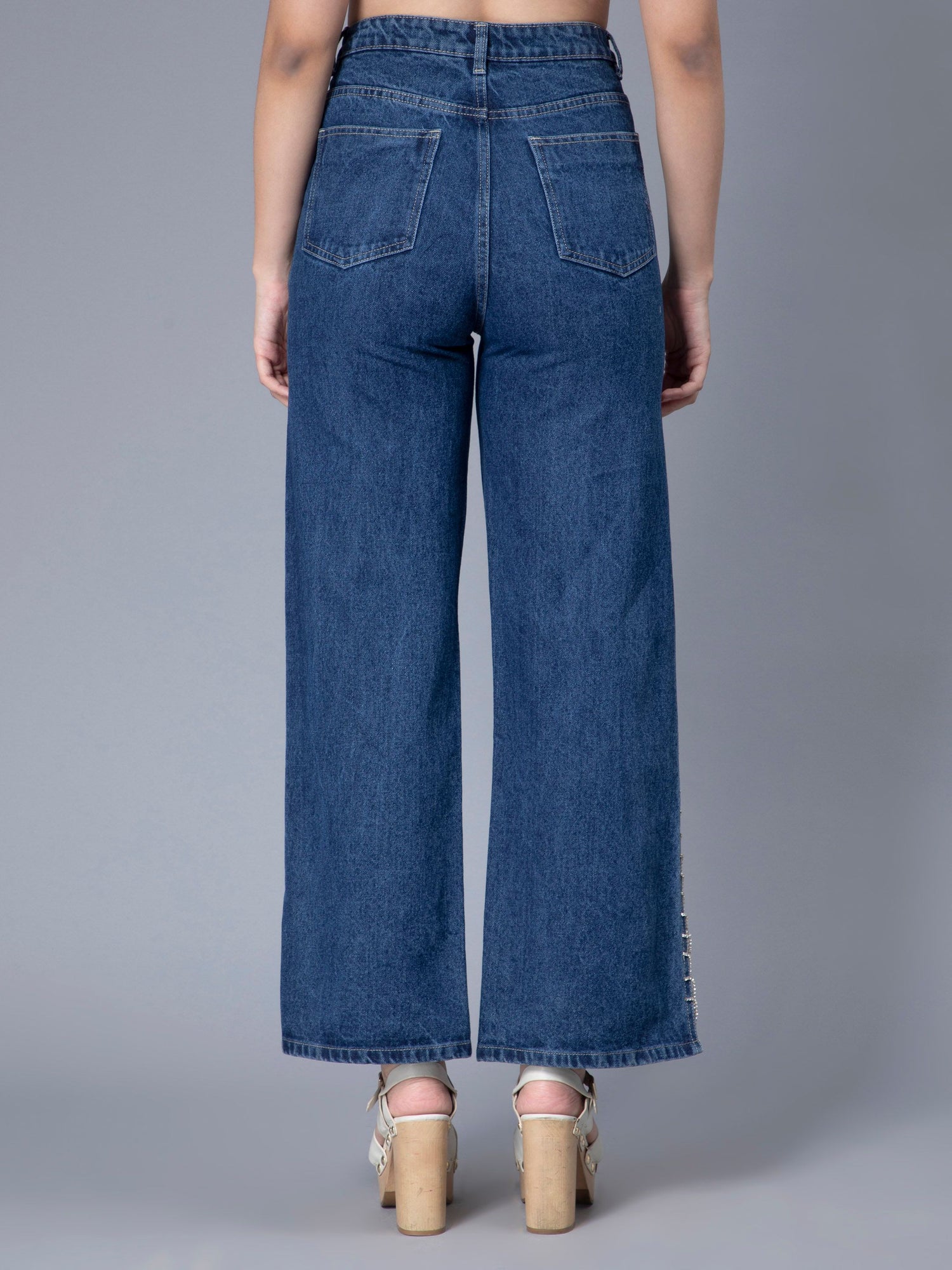 Rhinestones Fringe Side Slit Denim Jeans