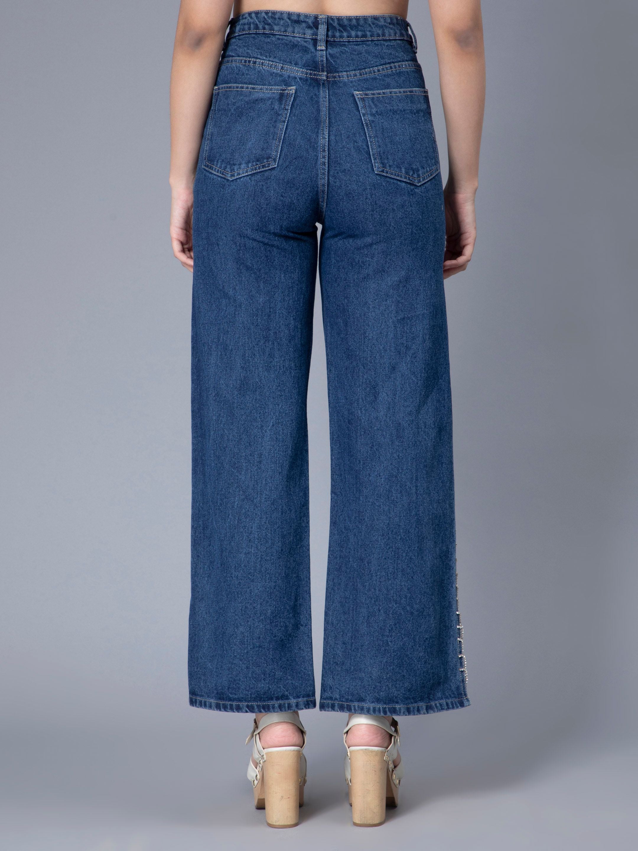 Rhinestones Fringe Side Slit Denim Jeans