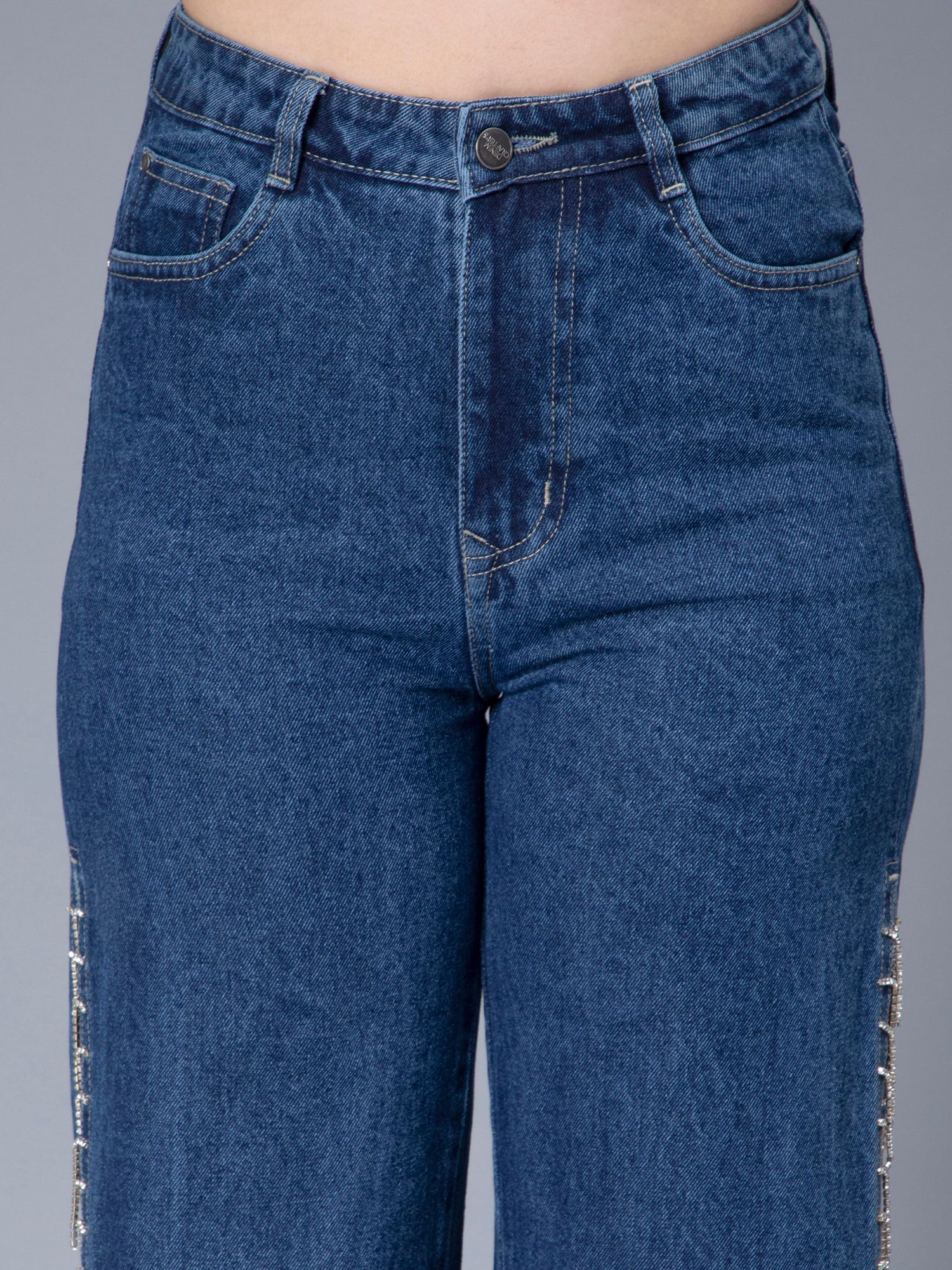Rhinestones Fringe Side Slit Denim Jeans