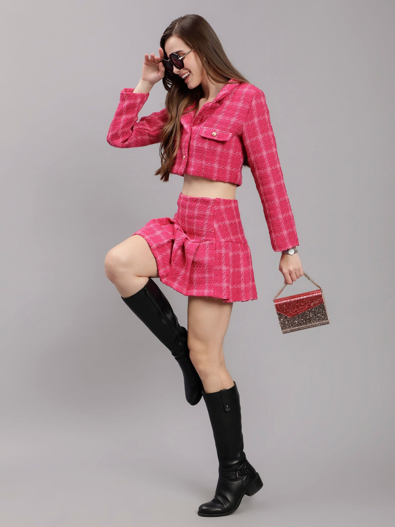 Plaid Tweed Blazer Skirt Set