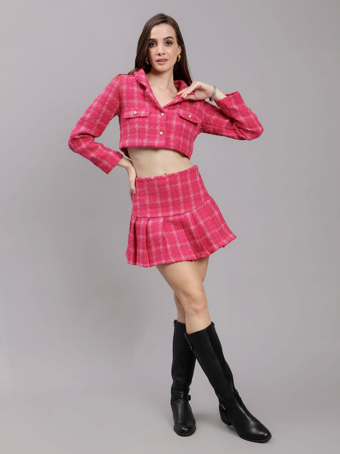 Plaid Tweed Blazer Skirt Set