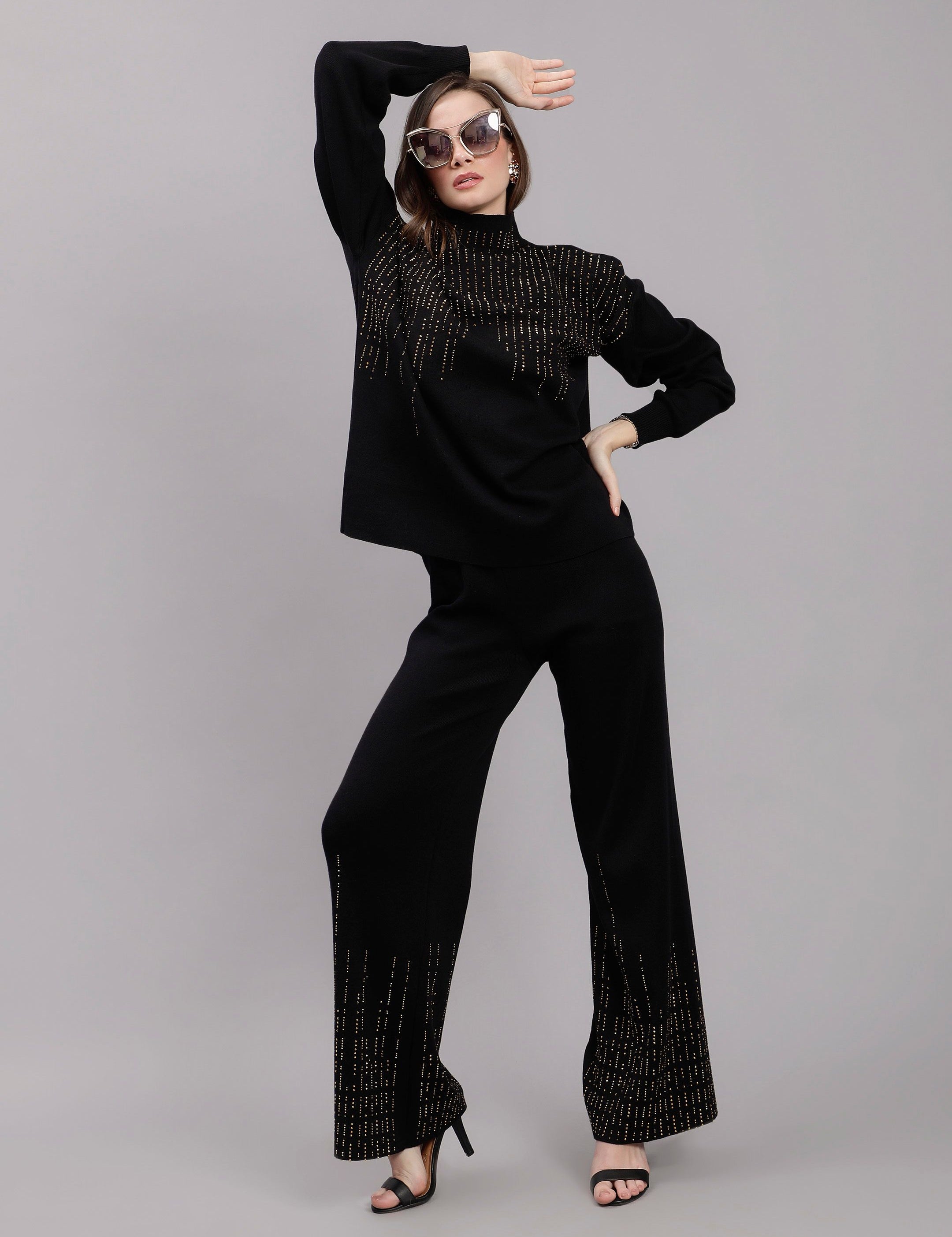 Metallic Rhinestone Knitted Two Piece Set