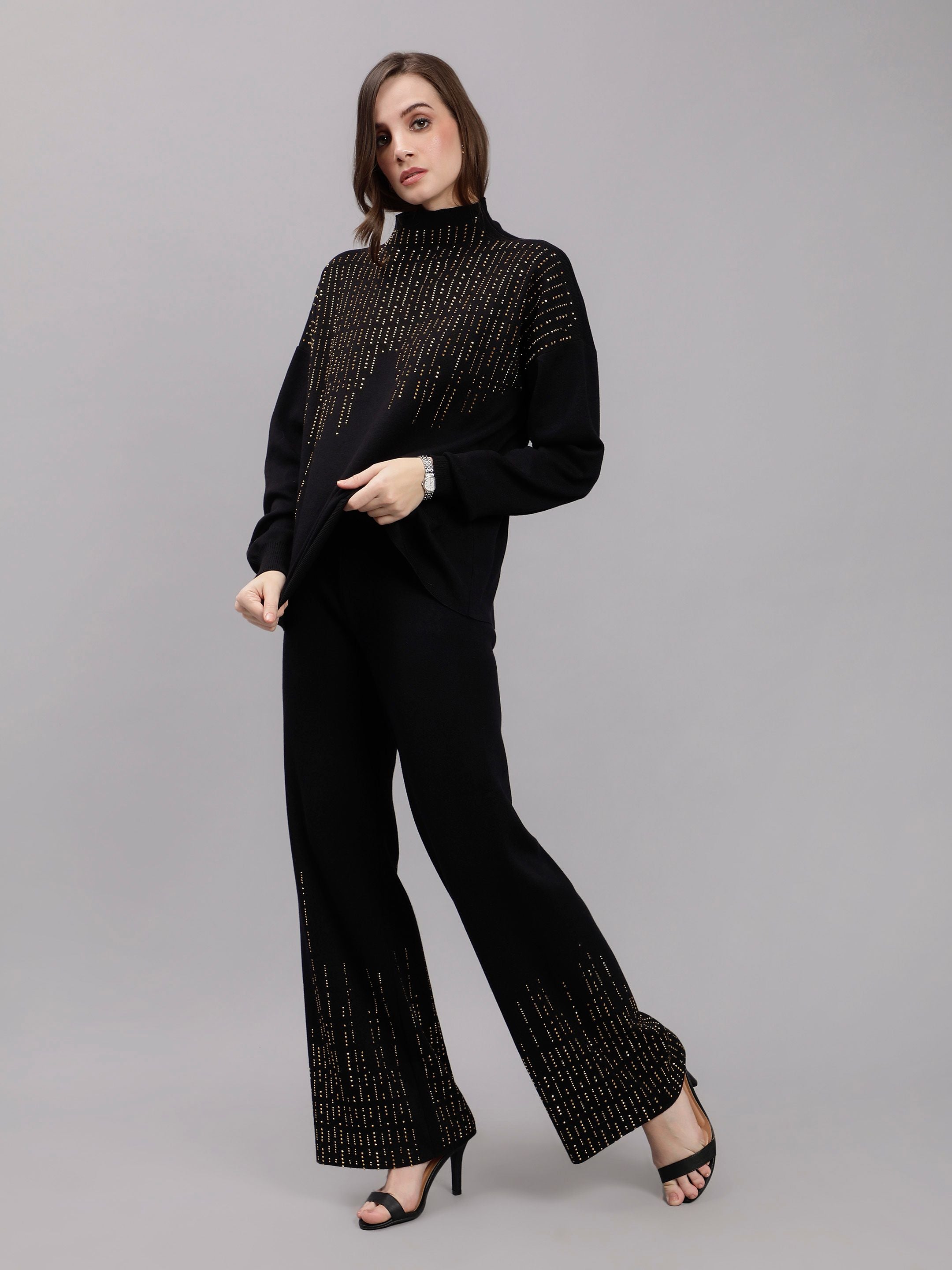 Metallic Rhinestone Knitted Two Piece Set