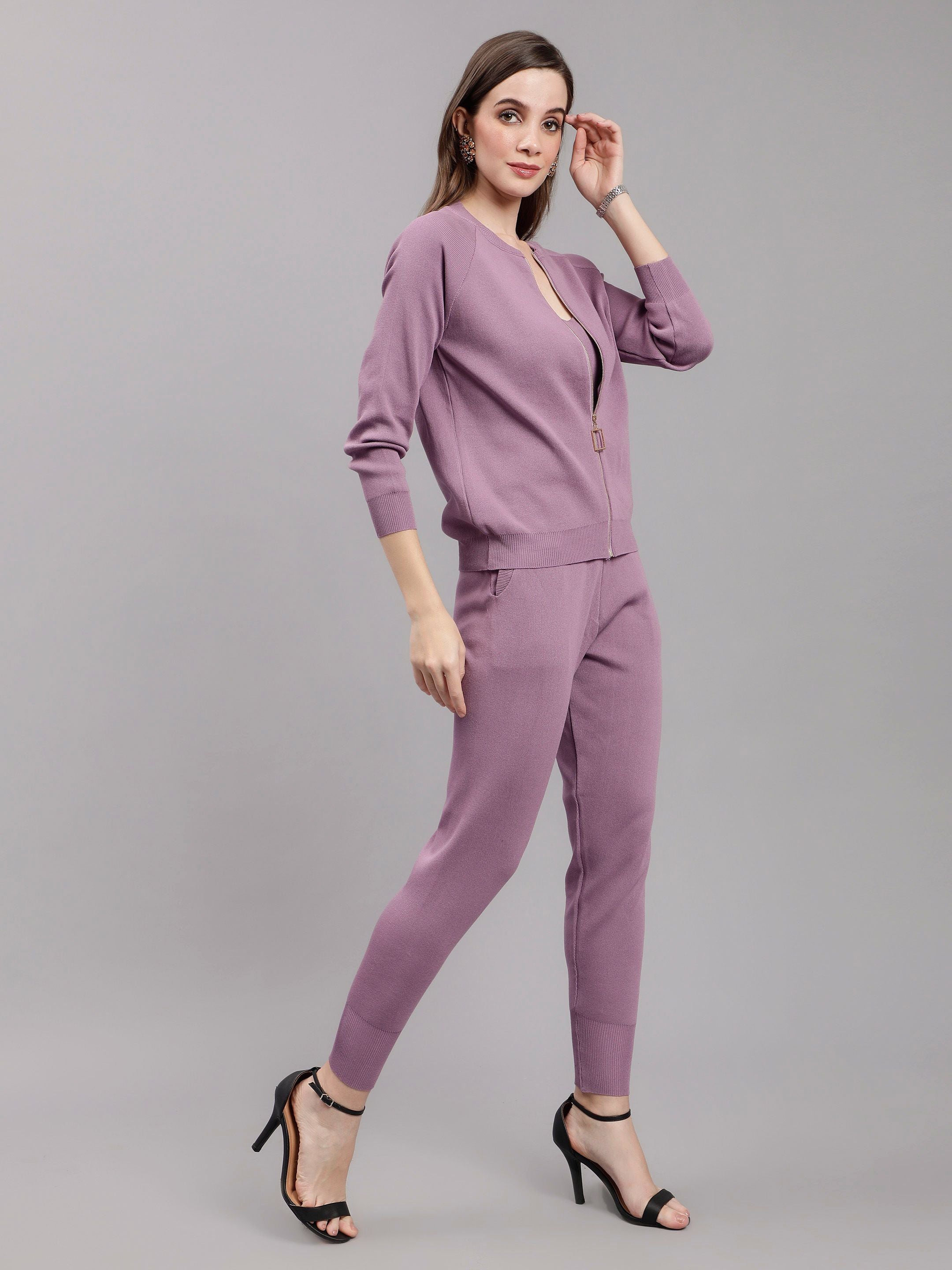Front Zip Knitted Three Piece Set