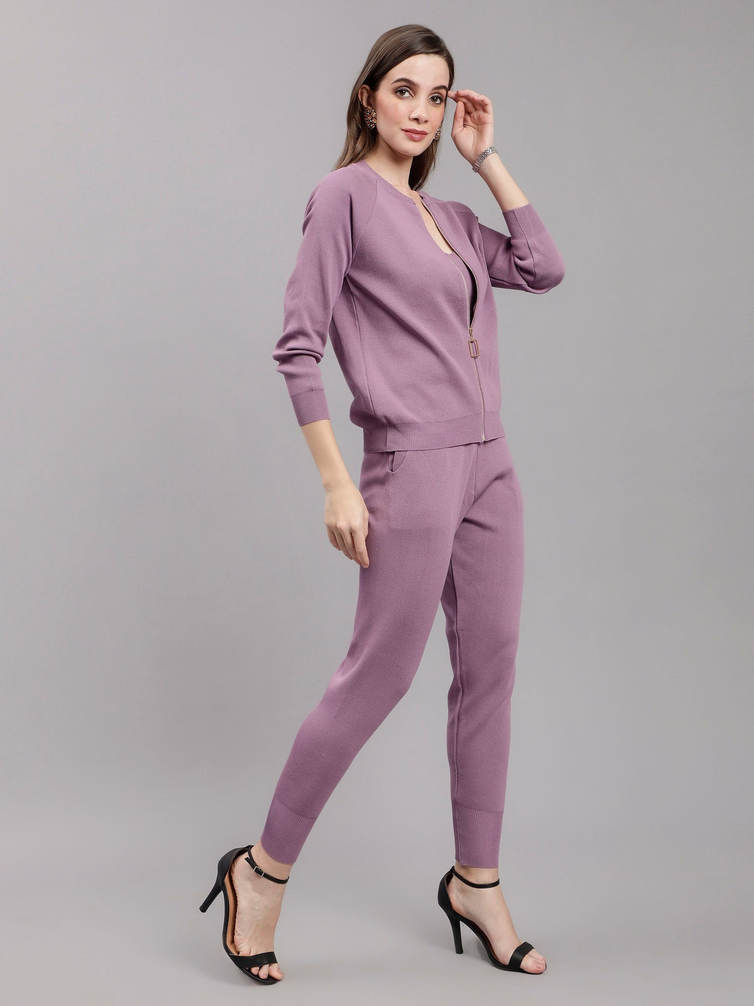 Front Zip Knitted Three Piece Set