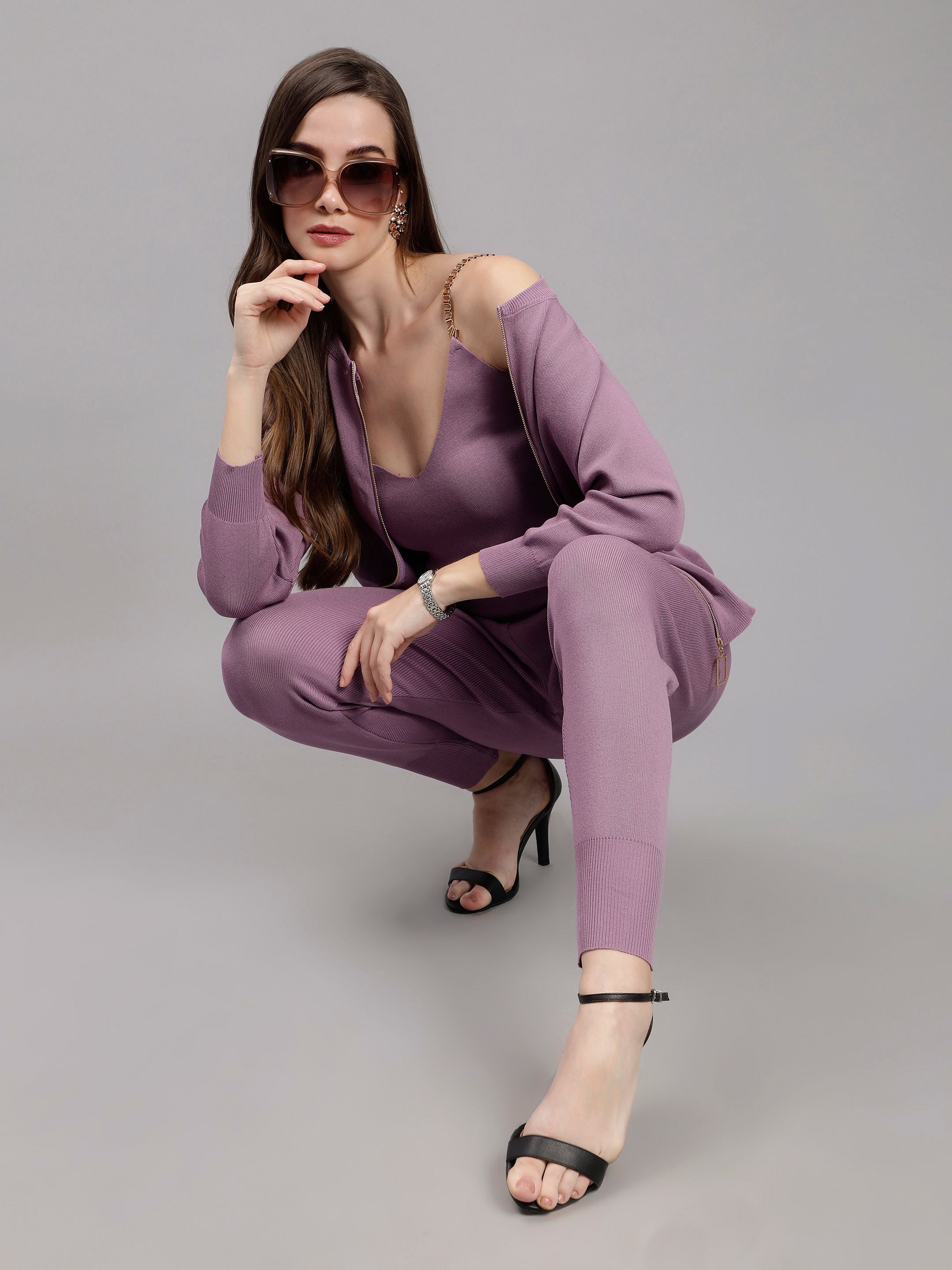 Front Zip Knitted Three Piece Set