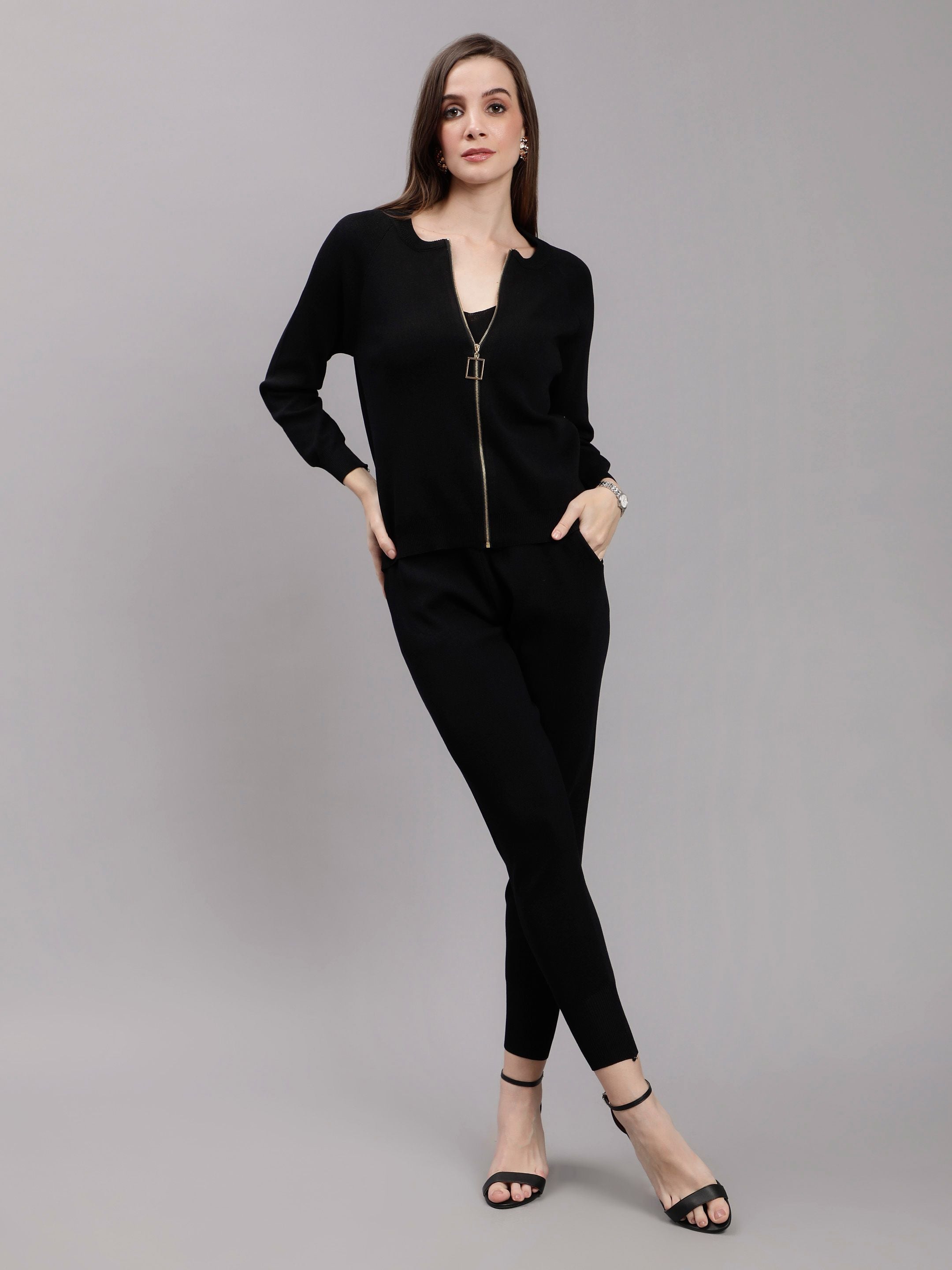 Front Zip Knitted Three Piece Set