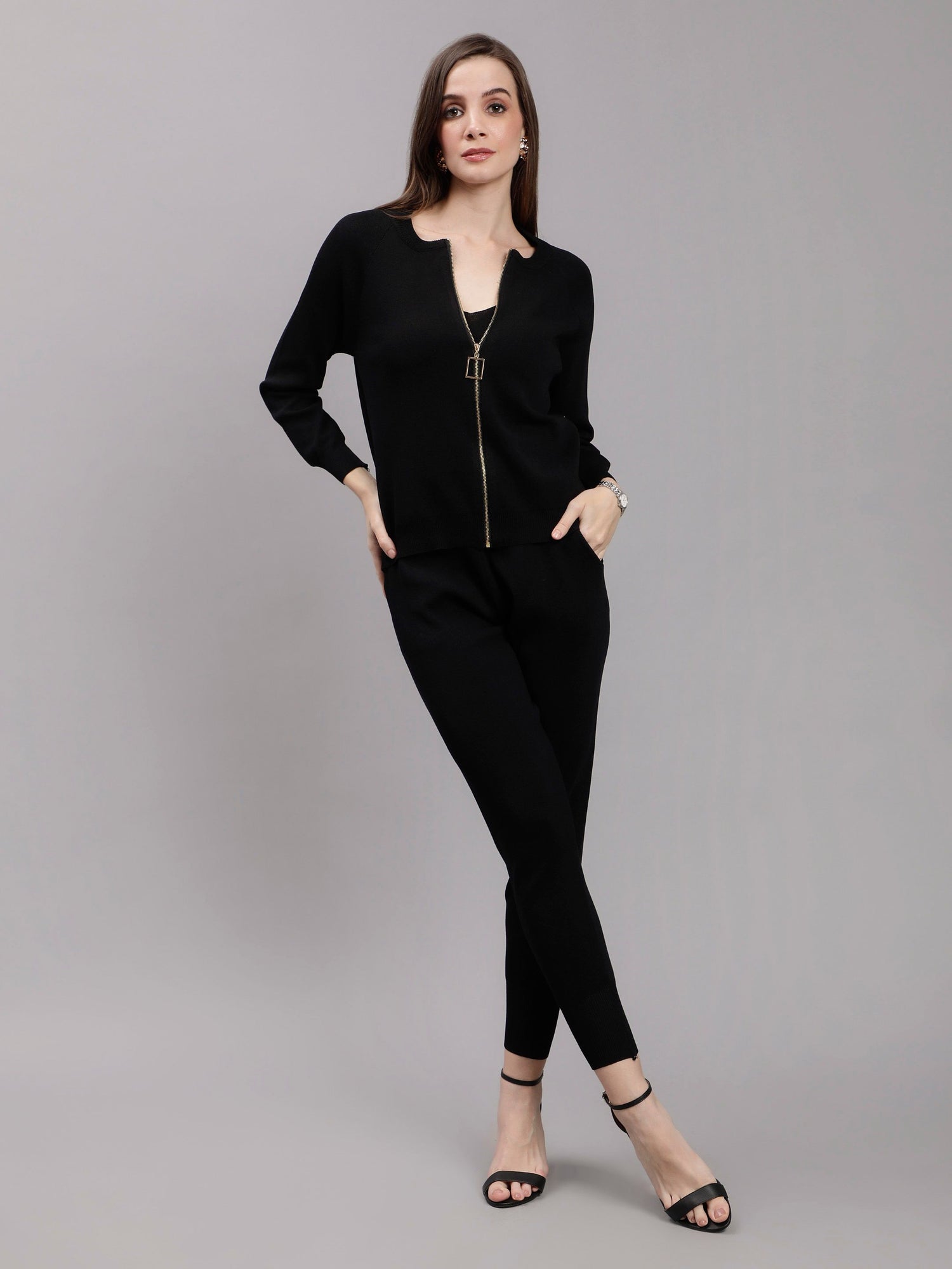 Front Zip Knitted Three Piece Set