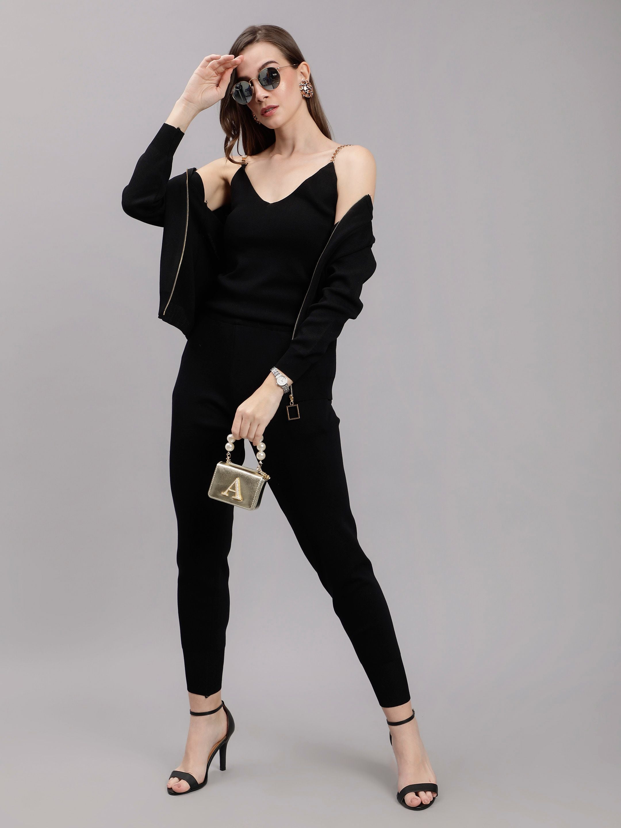 Front Zip Knitted Three Piece Set