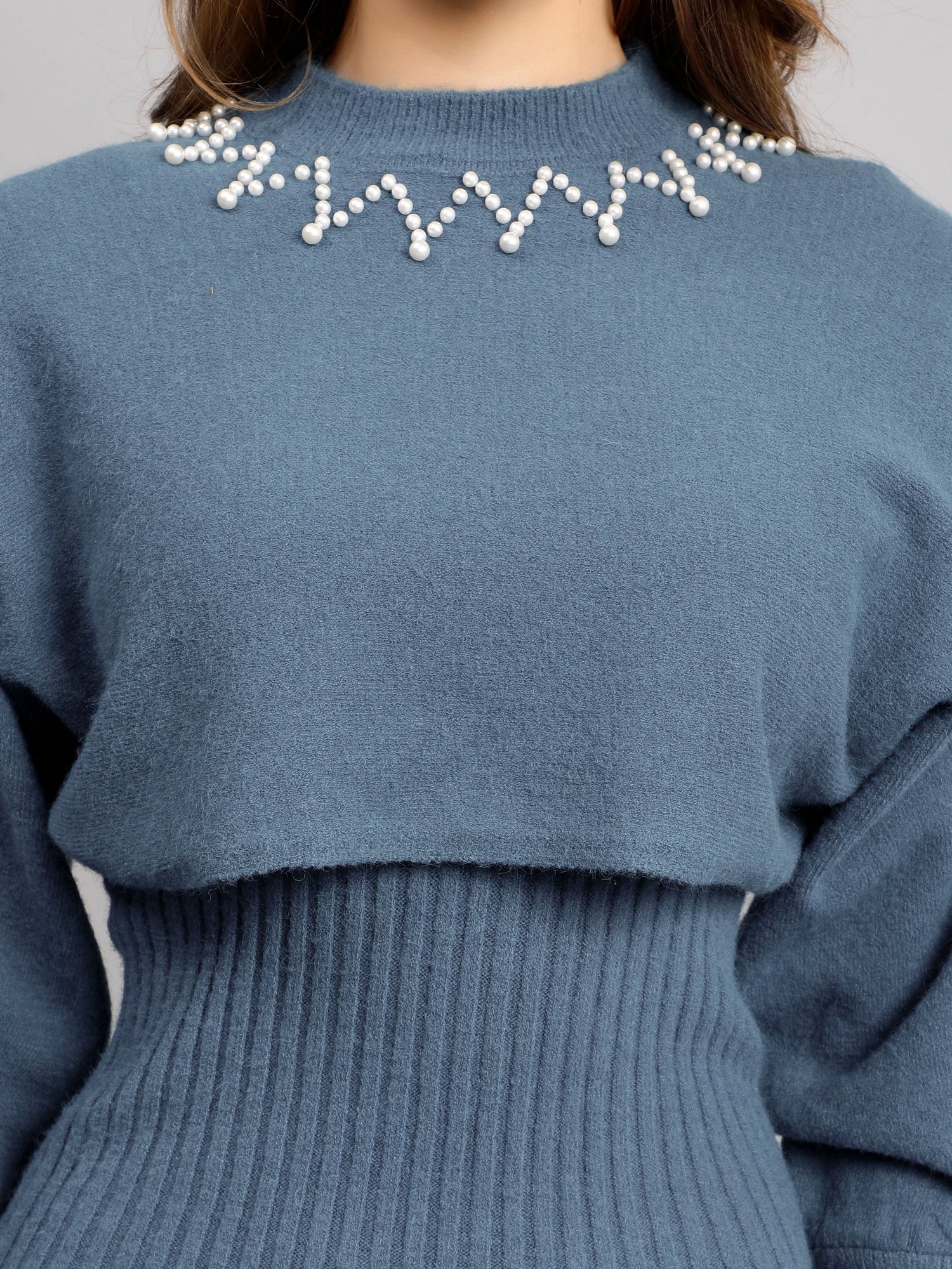 Pearl Embellished Winter Knitted Two-Piece Set