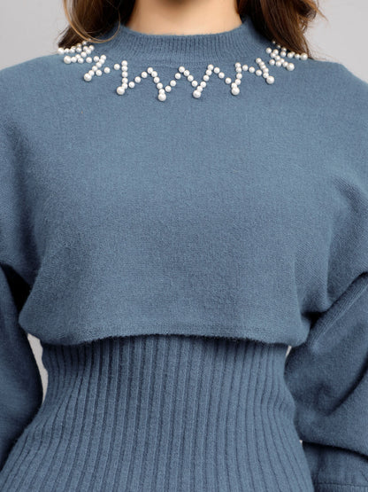 Pearl Embellished Winter Knitted Two-Piece Set