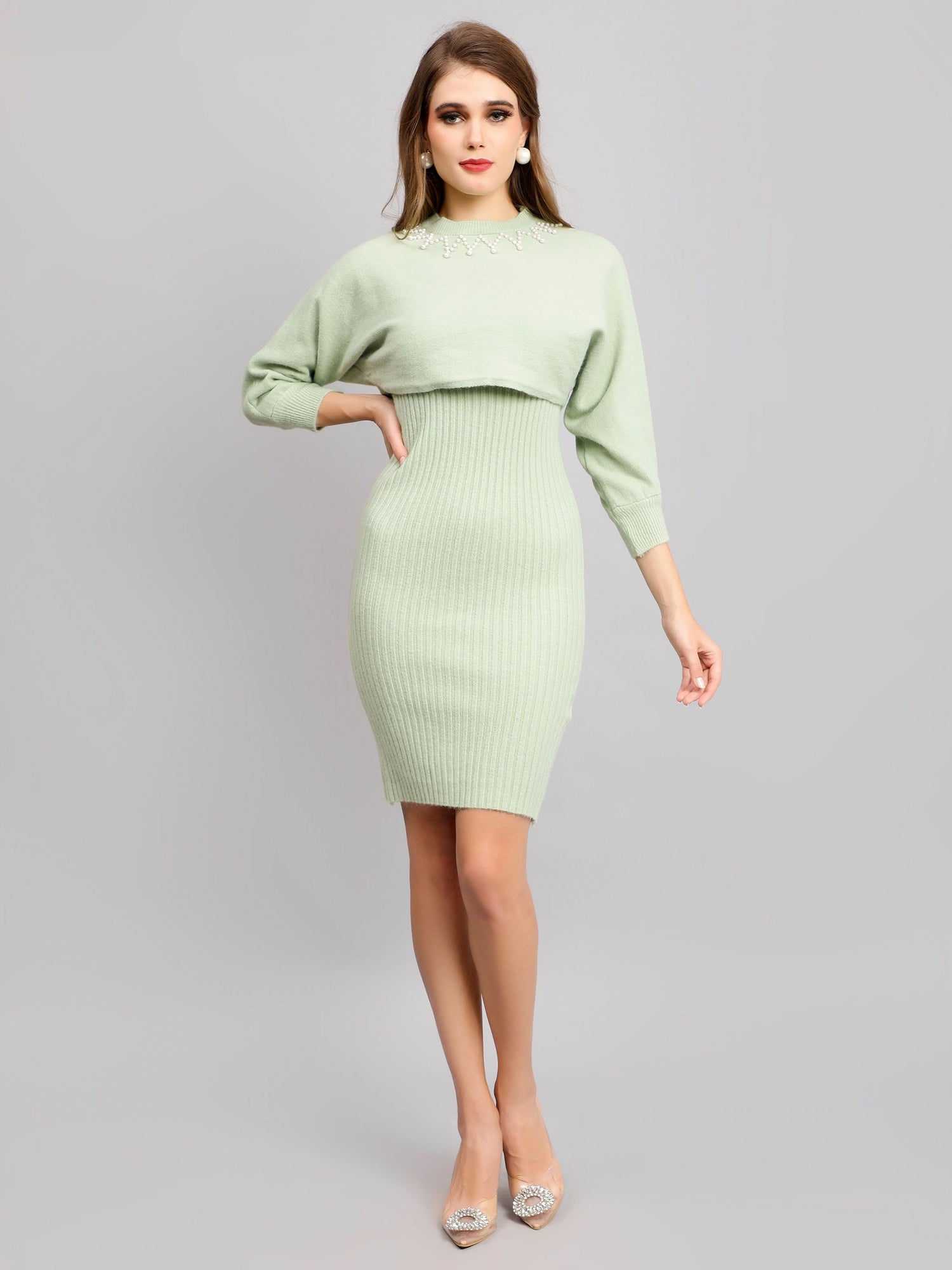 Pearl Embellished Winter Knitted Two-Piece Set