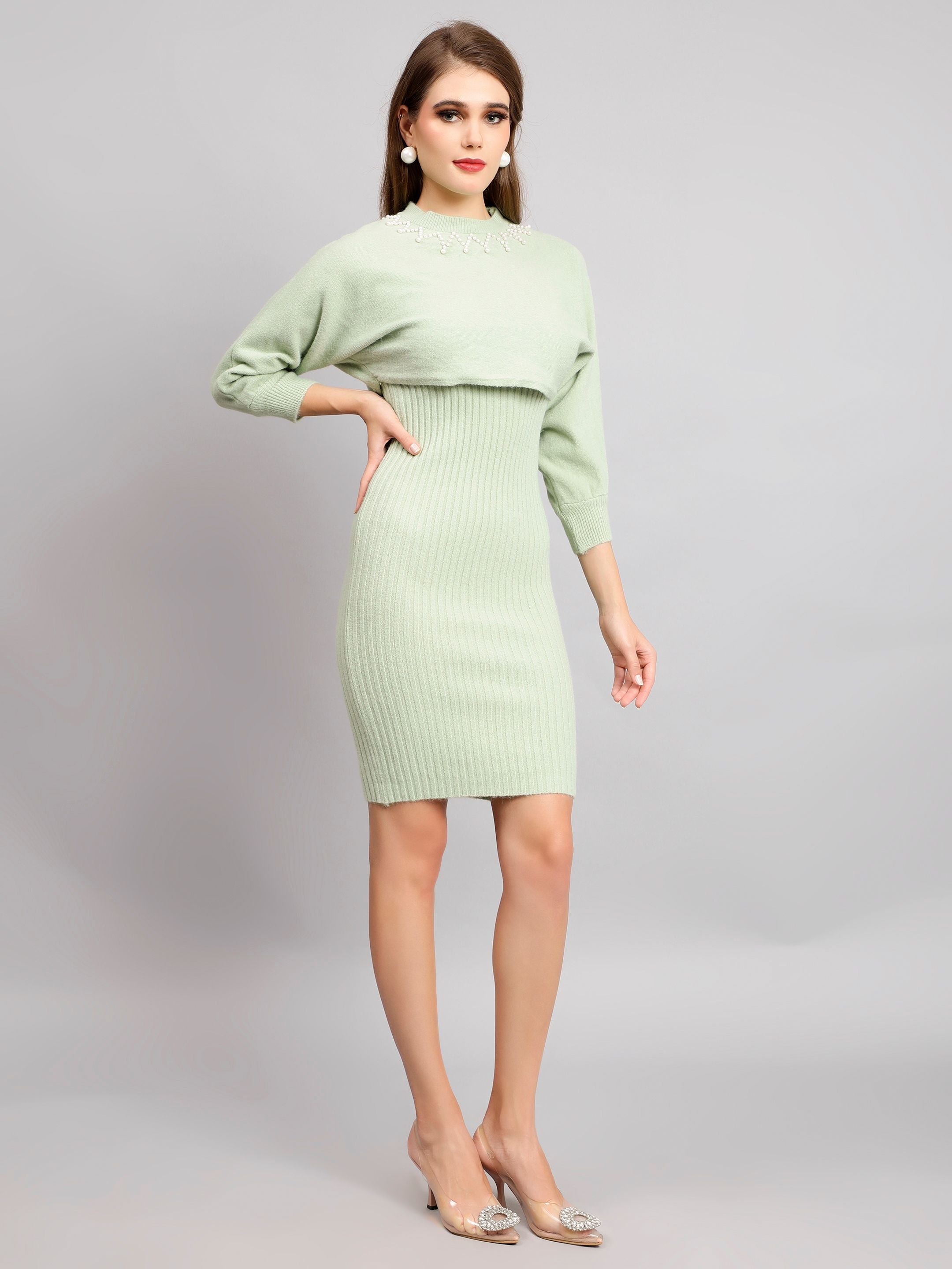 Pearl Embellished Winter Knitted Two-Piece Set
