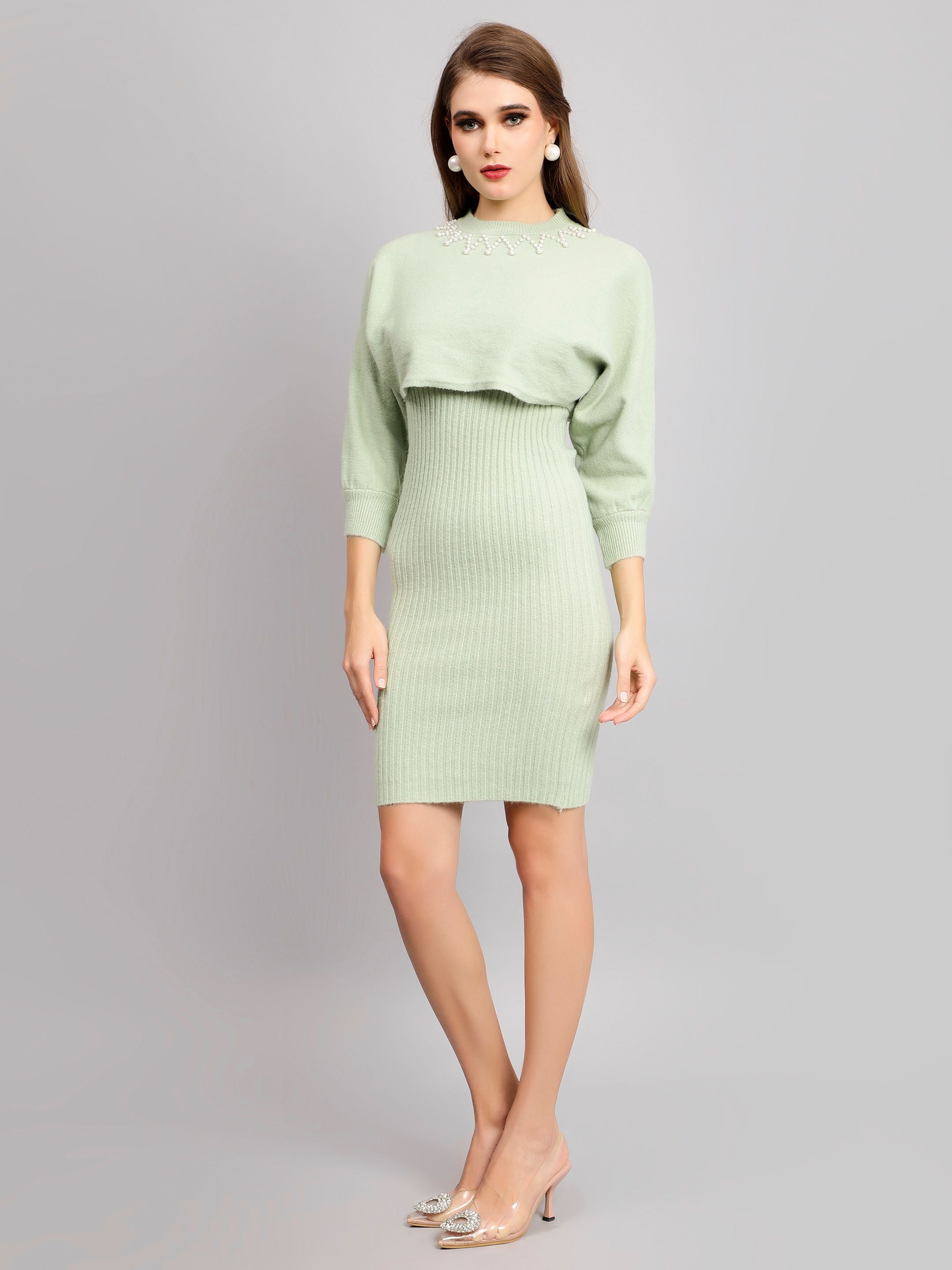 Pearl Embellished Winter Knitted Two-Piece Set