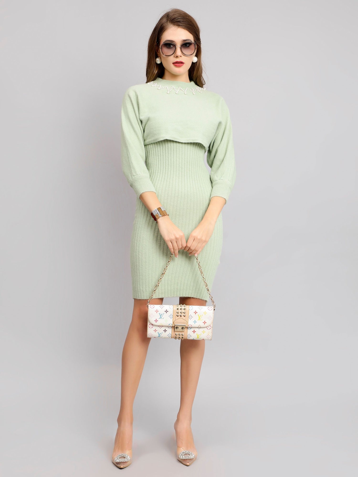 Pearl Embellished Winter Knitted Two-Piece Set