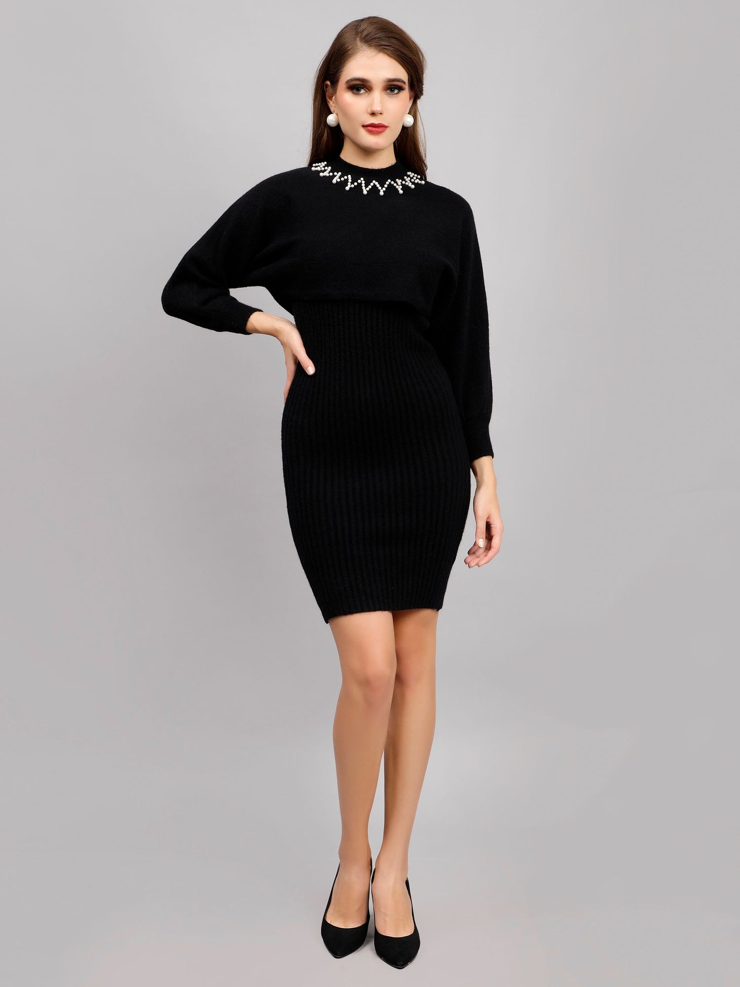 Pearl Embellished Winter Knitted Two-Piece Set