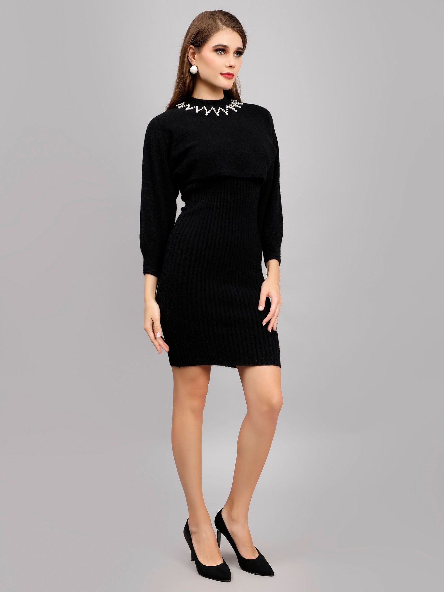 Pearl Embellished Winter Knitted Two-Piece Set