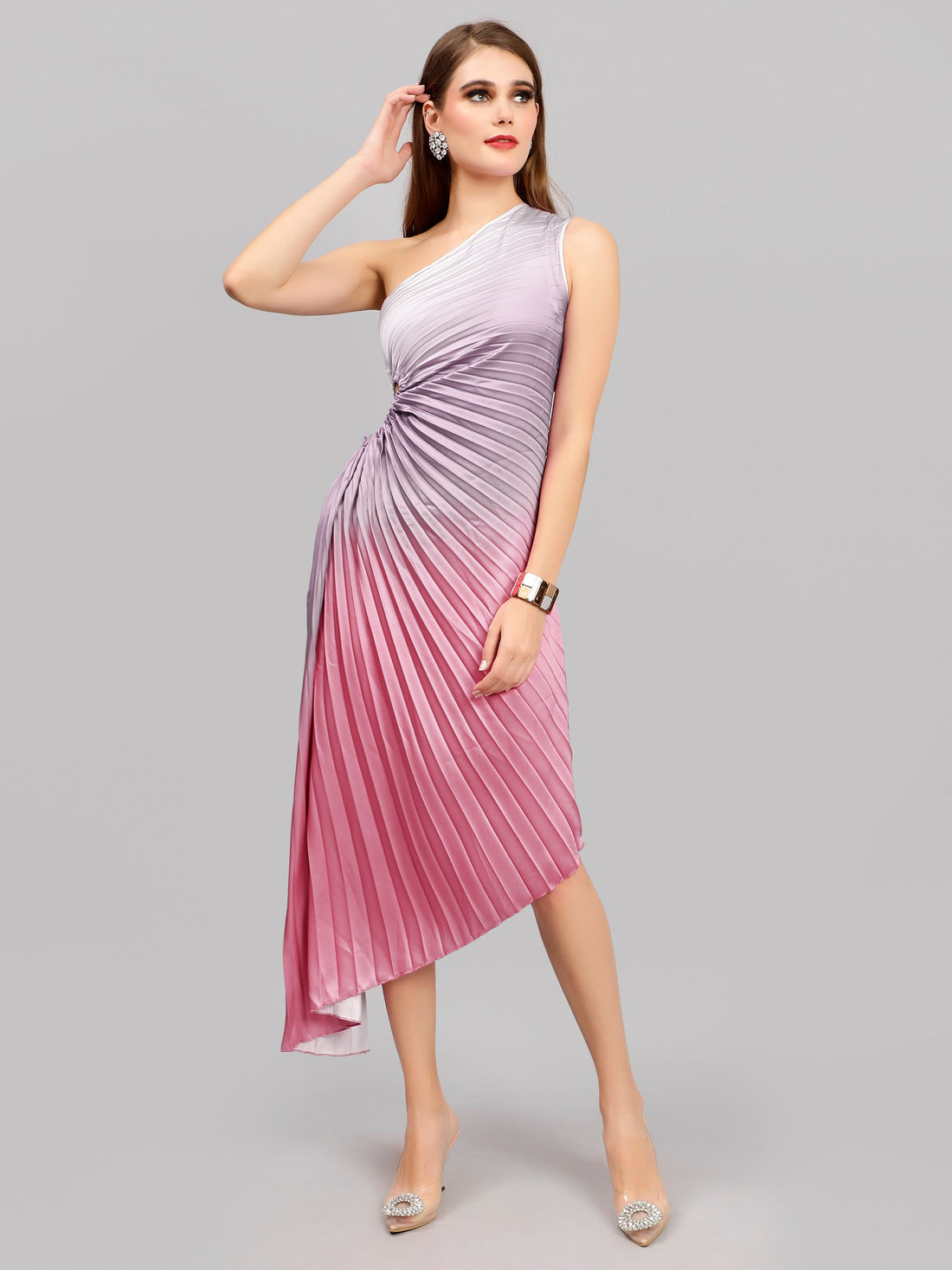Gradient One-Shoulder Pleated Maxi Dress