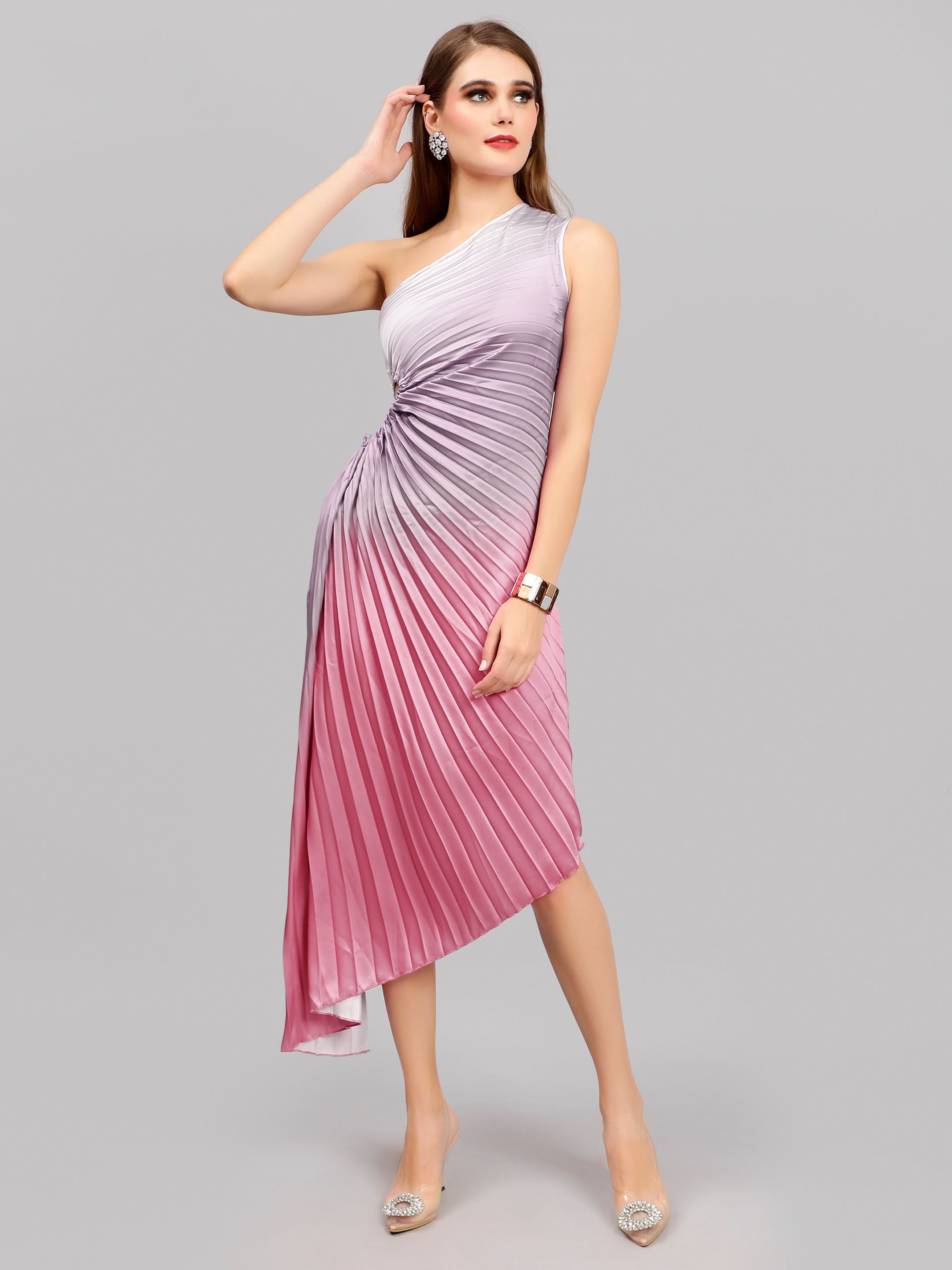 Gradient One-Shoulder Pleated Maxi Dress