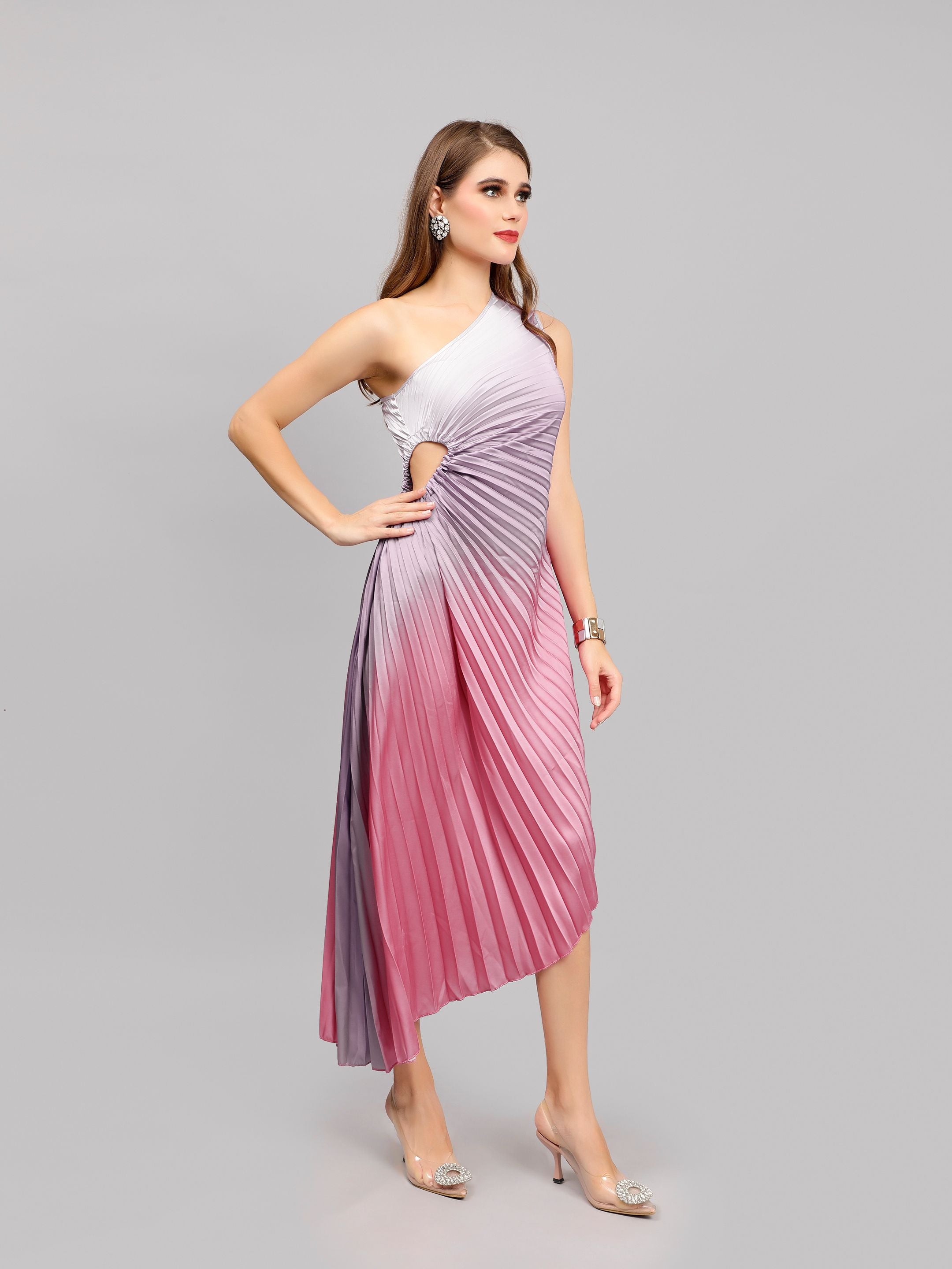 Gradient One-Shoulder Pleated Maxi Dress