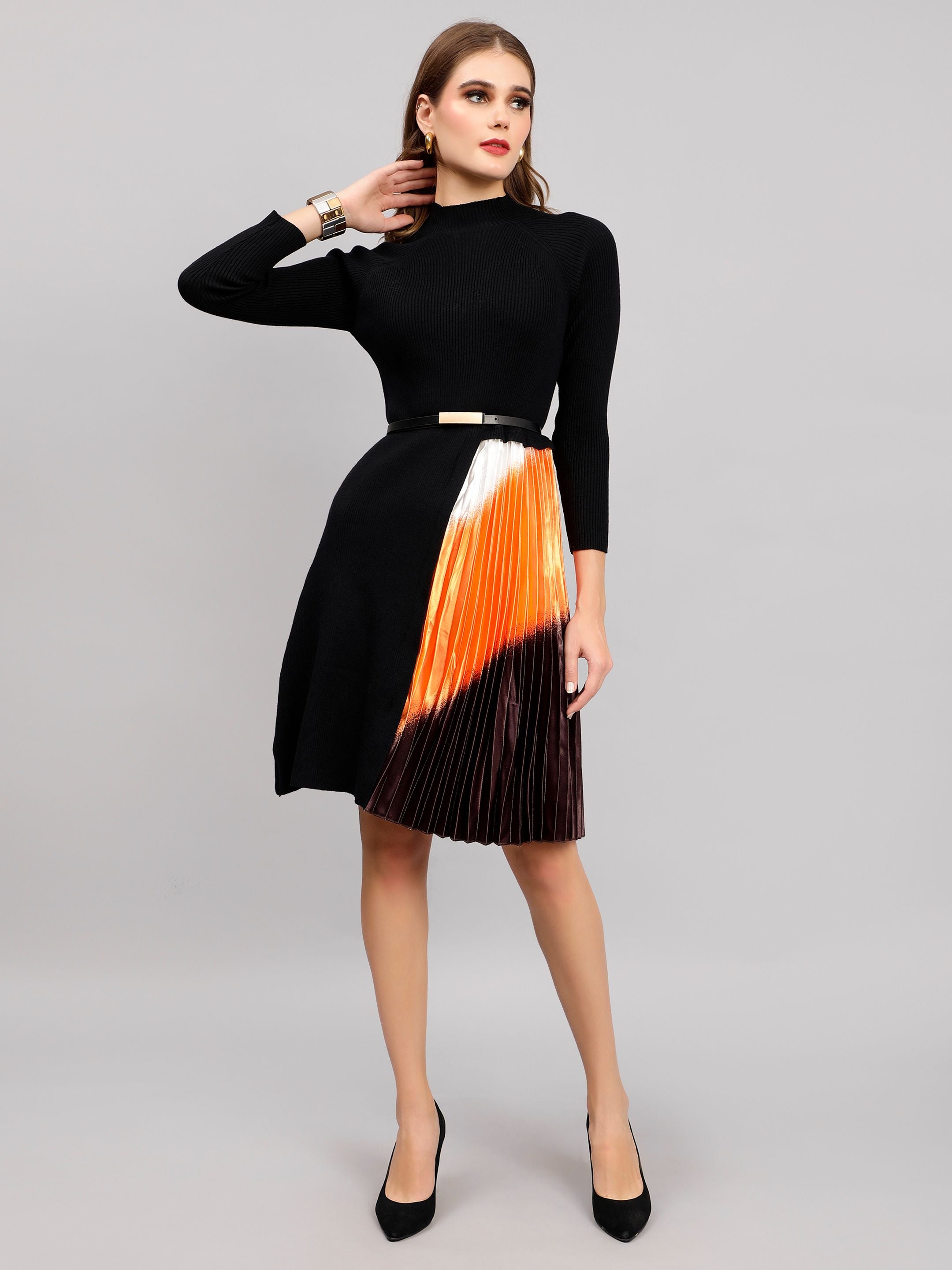 Winter Ribbed Pleated Dress