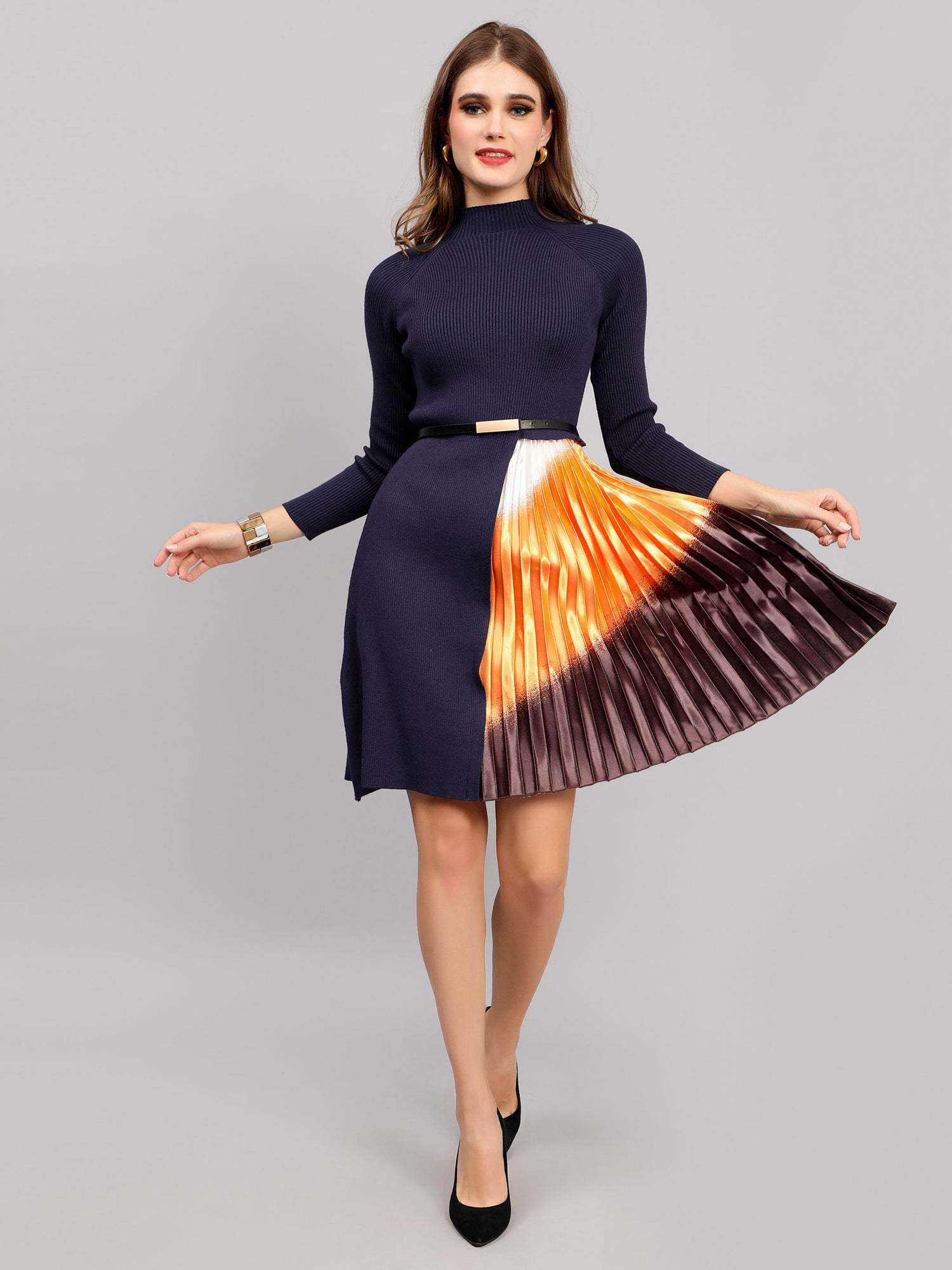 Winter Ribbed Pleated Dress