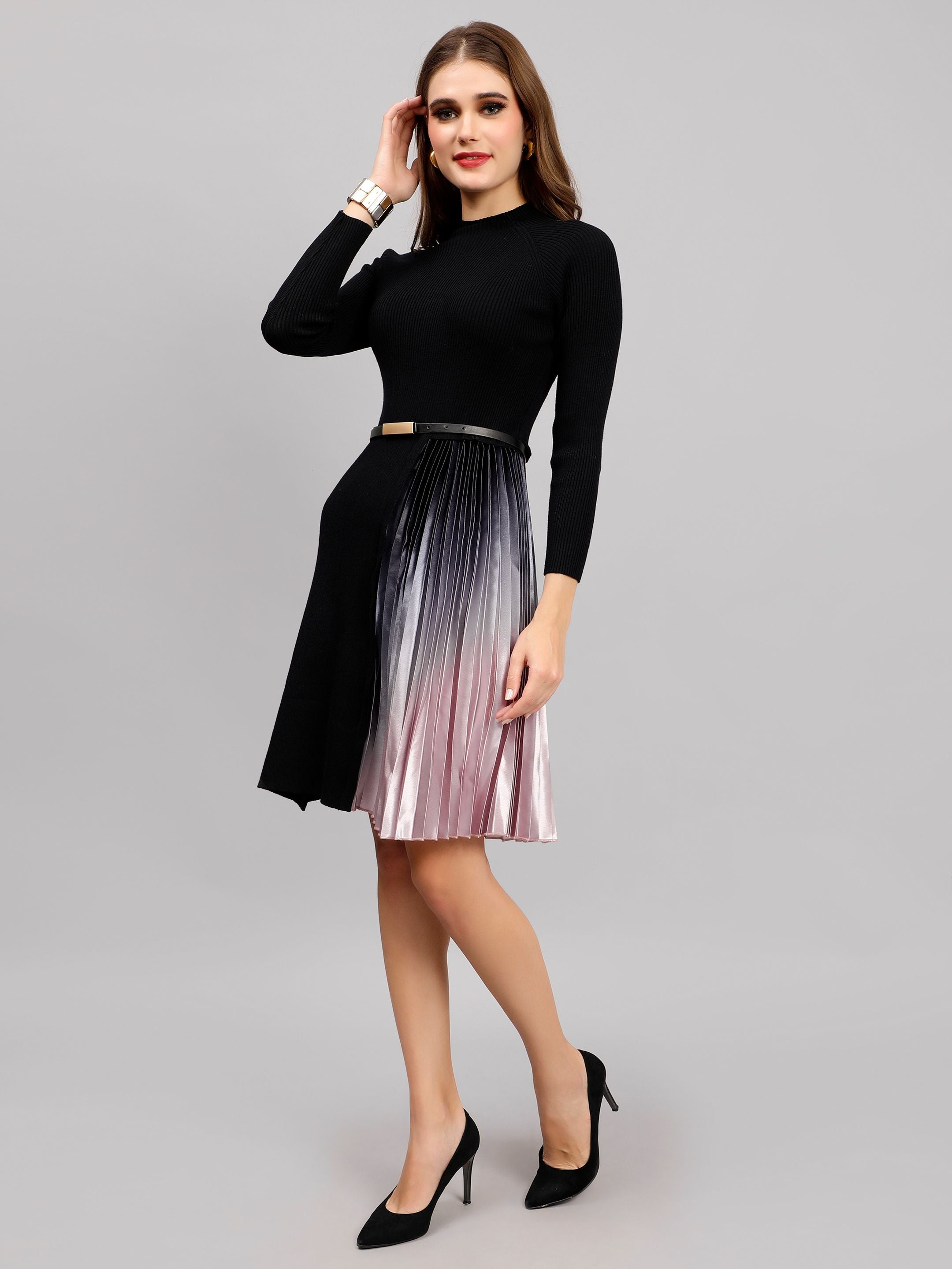 Winter Ribbed Pleated Dress