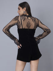 Velvet Playsuit With Lace Top