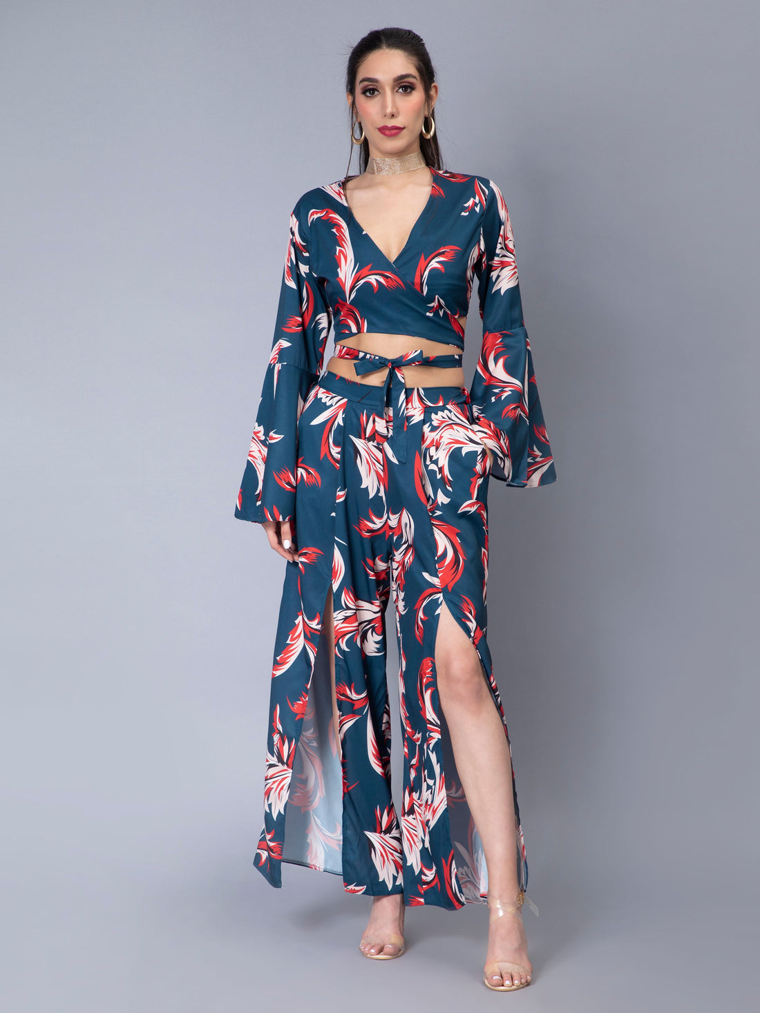 Tie Belt Wrap Top With Pants Set