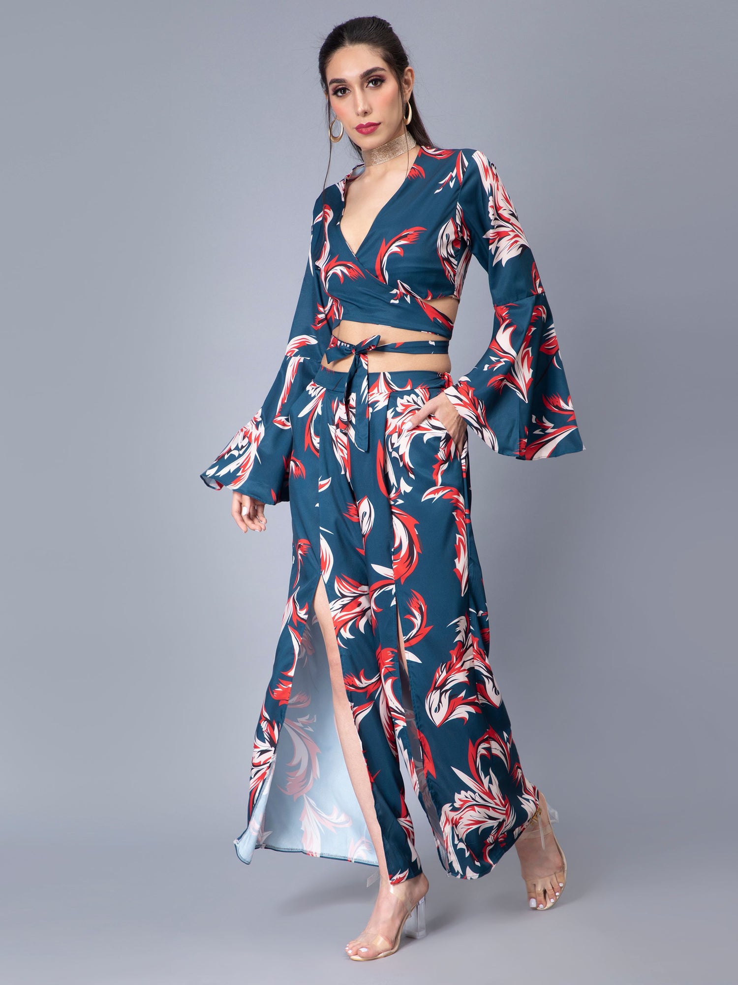 Tie Belt Wrap Top With Pants Set
