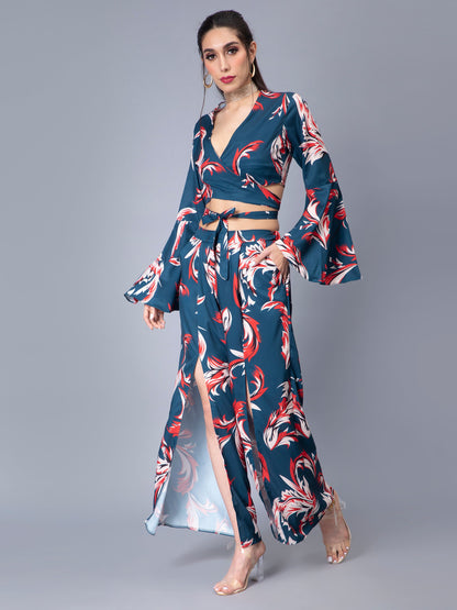 Tie Belt Wrap Top With Pants Set