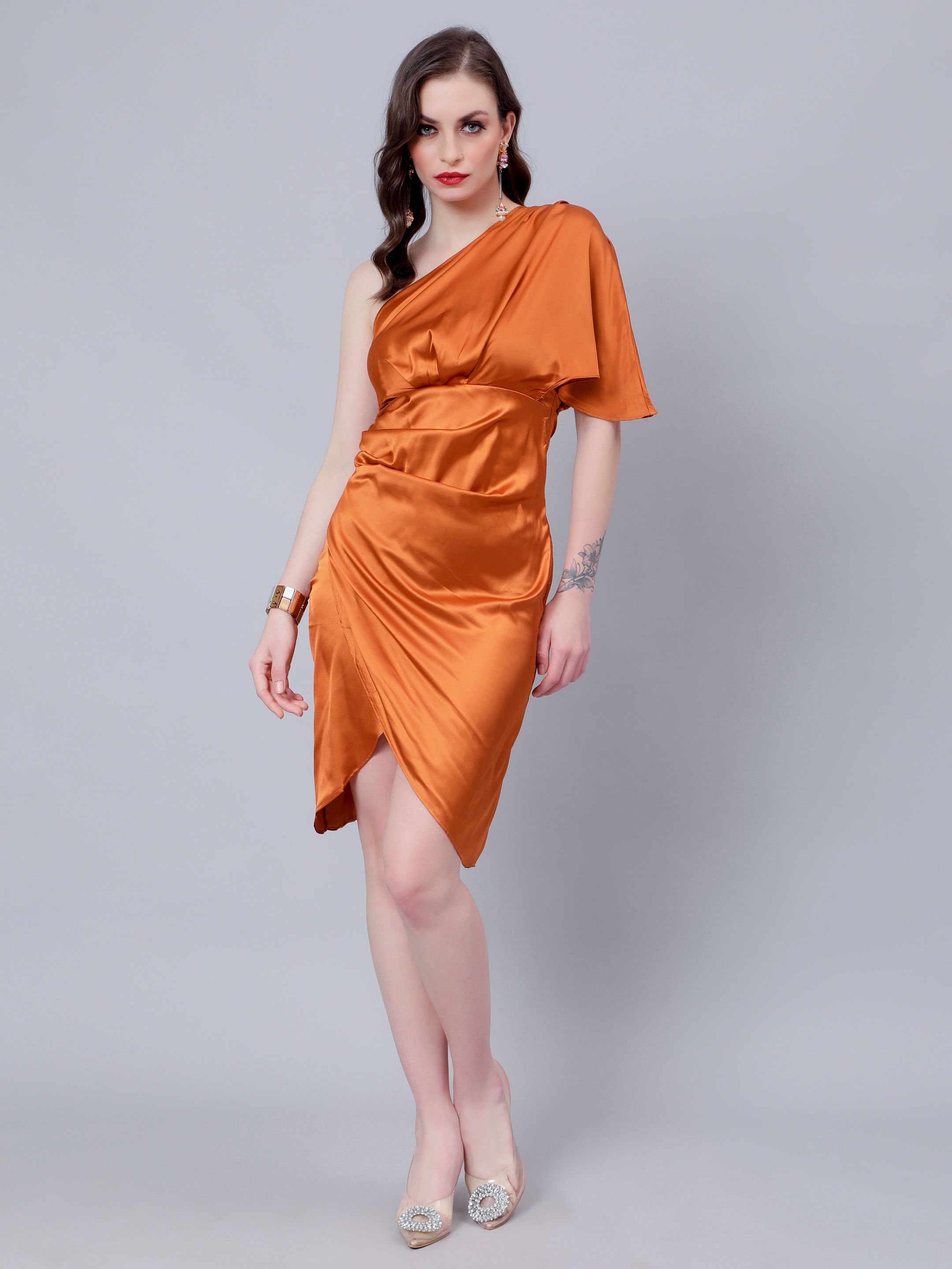 Off Shoulder Satin Midi Dress