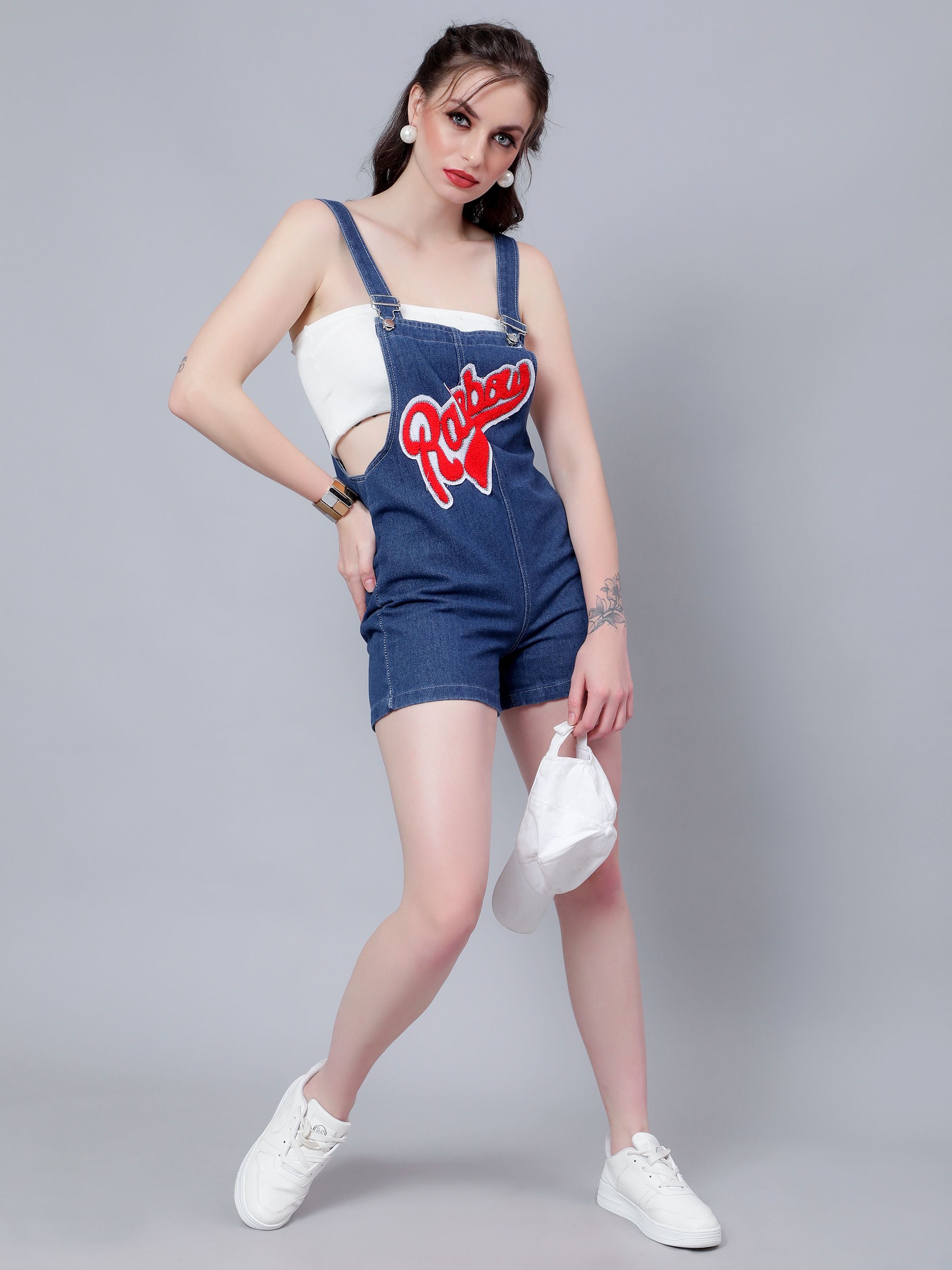 Embroidery Denim Playsuit