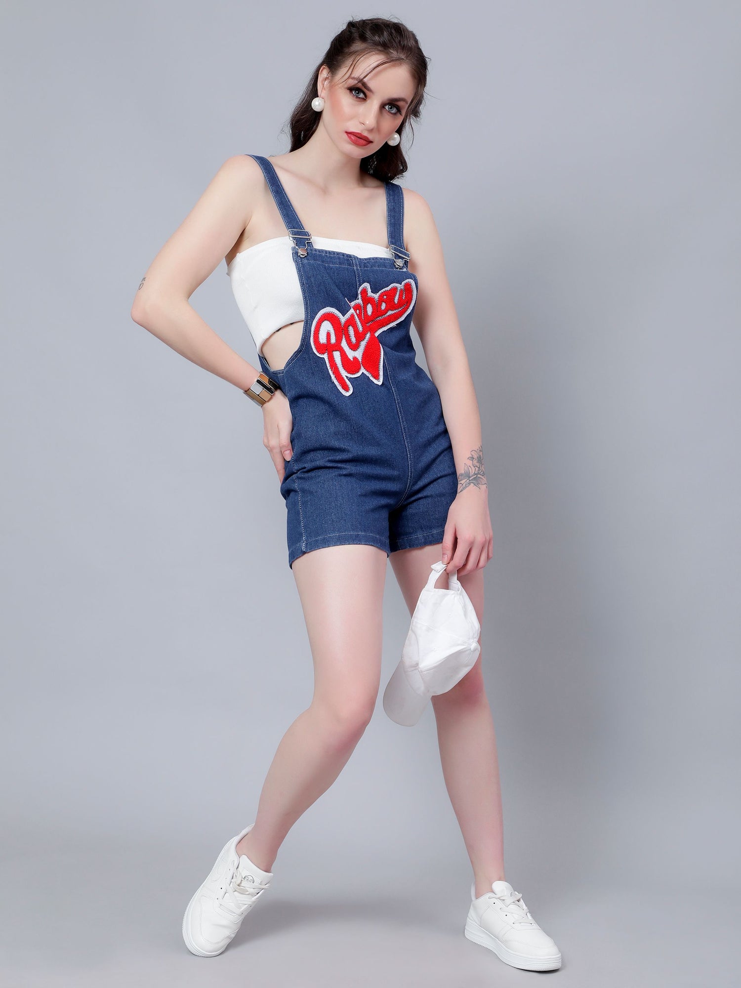 Embroidery Denim Playsuit