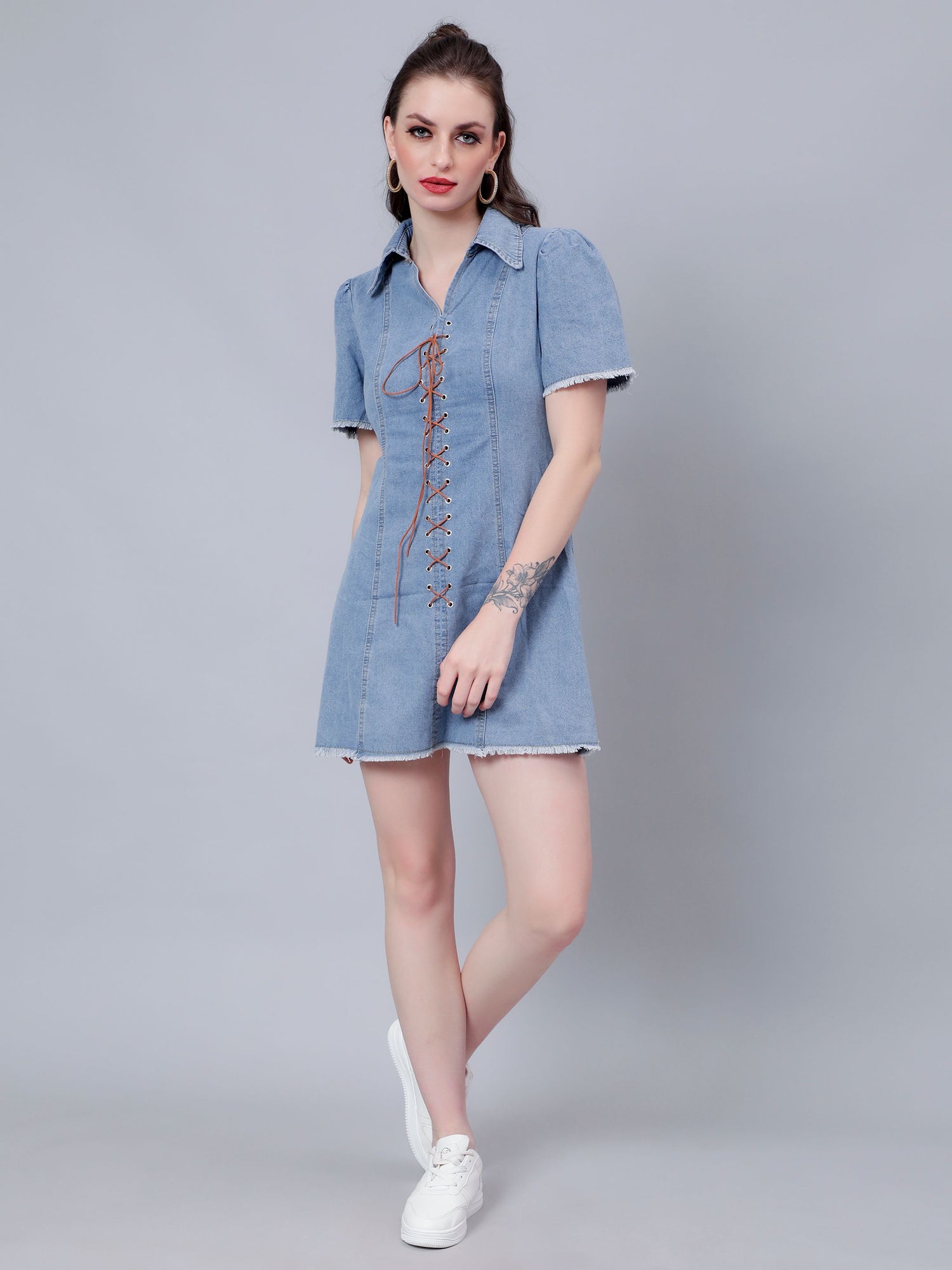 Lace Up Denim Short Dress