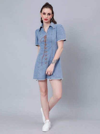 Lace Up Denim Short Dress