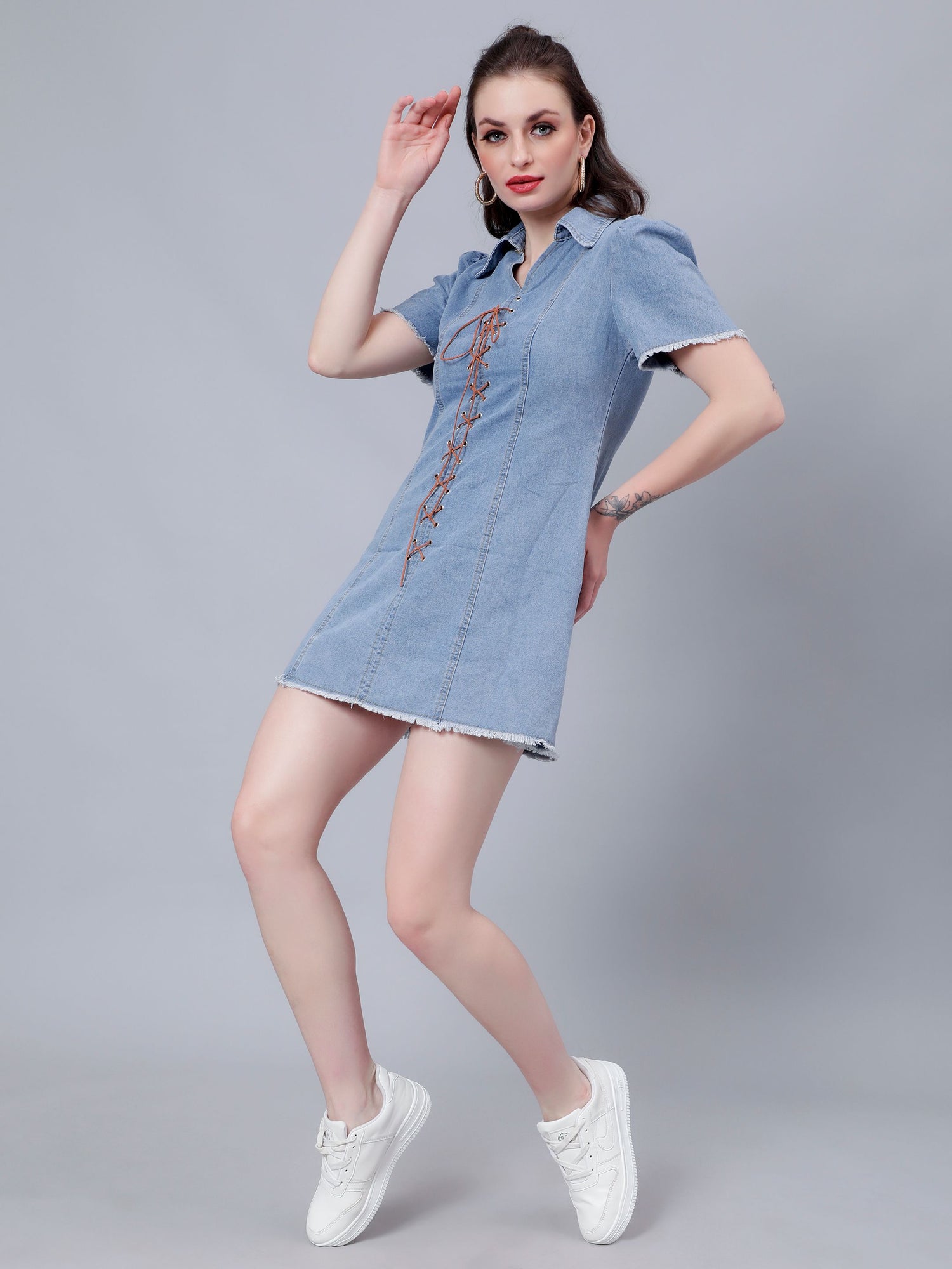 Lace Up Denim Short Dress