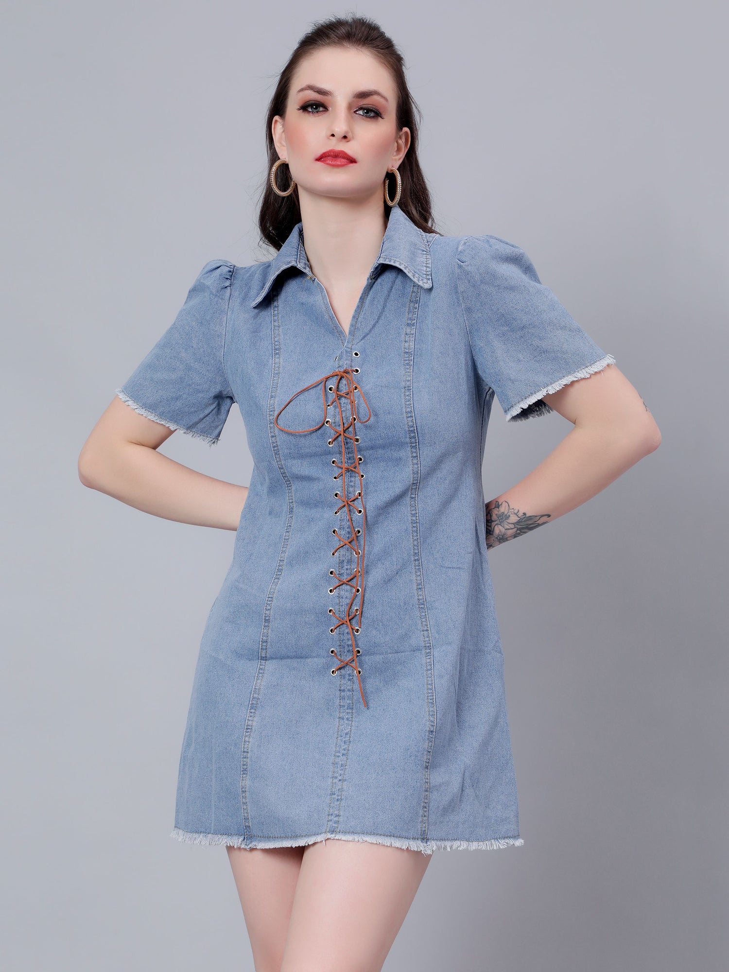 Lace Up Denim Short Dress
