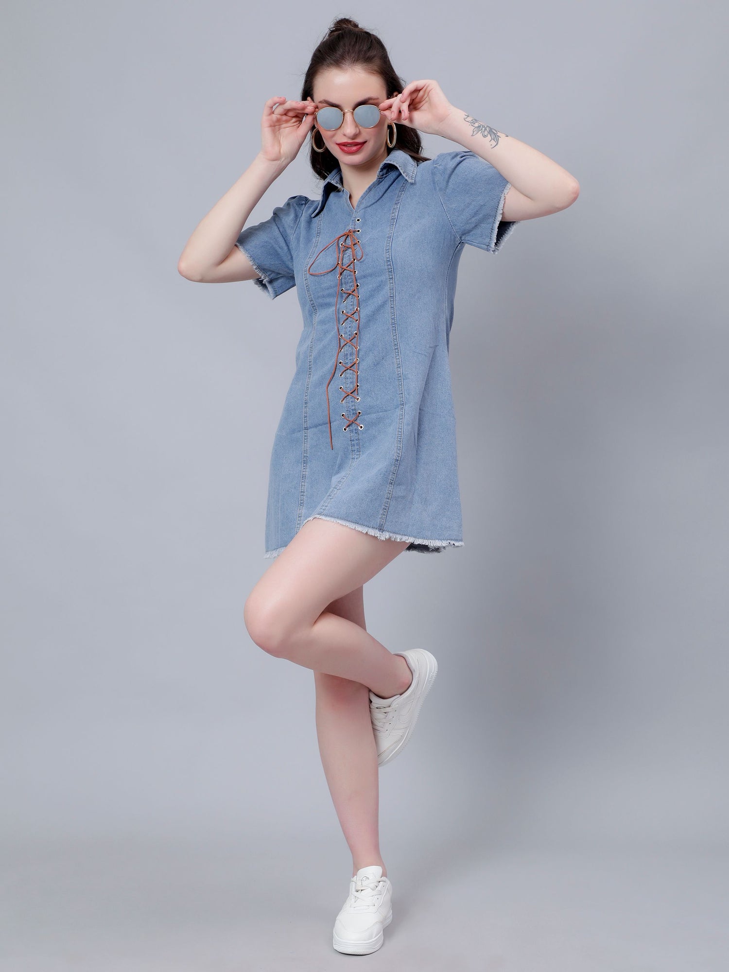 Lace Up Denim Short Dress