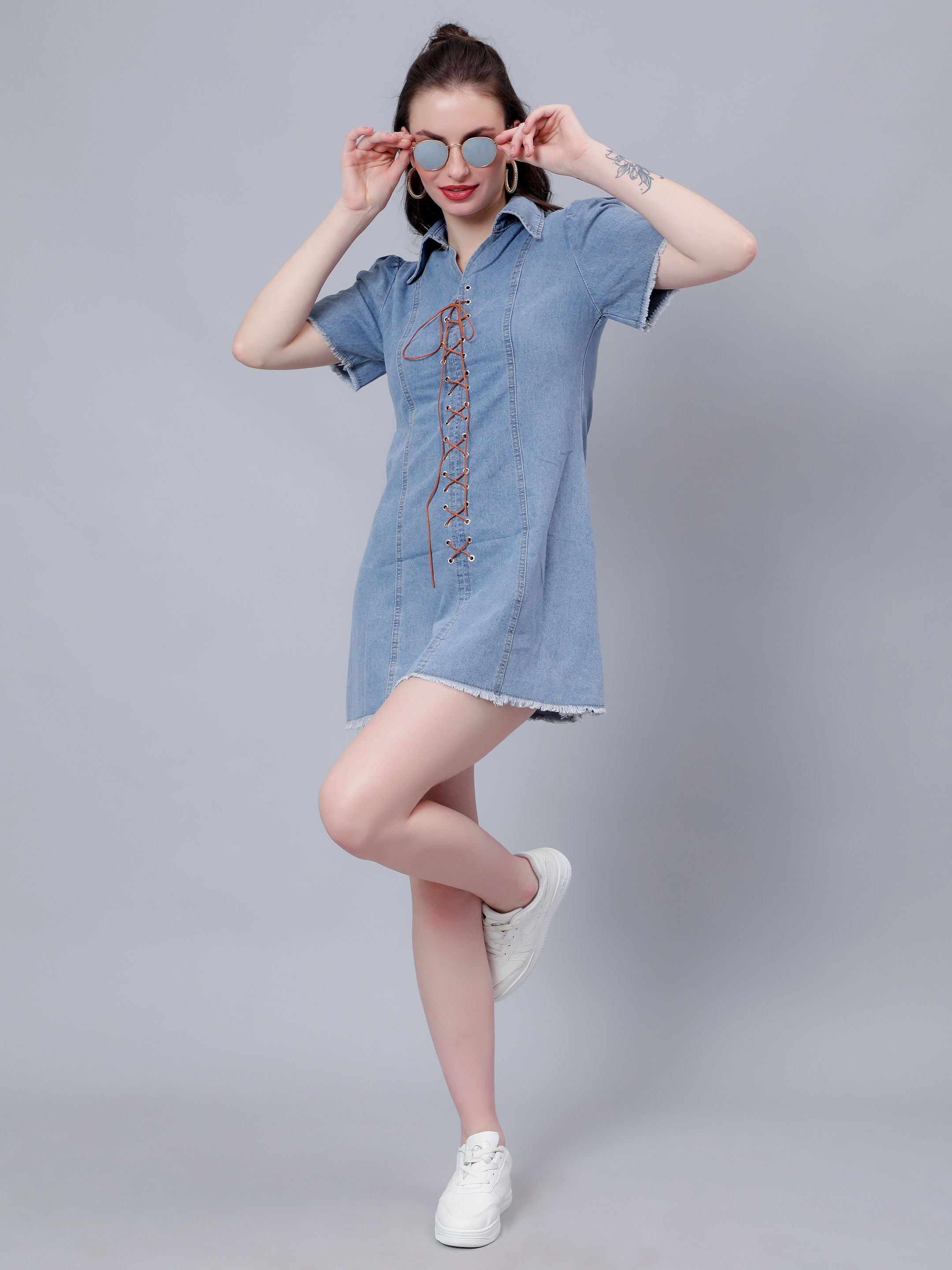 Lace Up Denim Short Dress