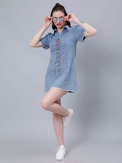 Lace Up Denim Short Dress