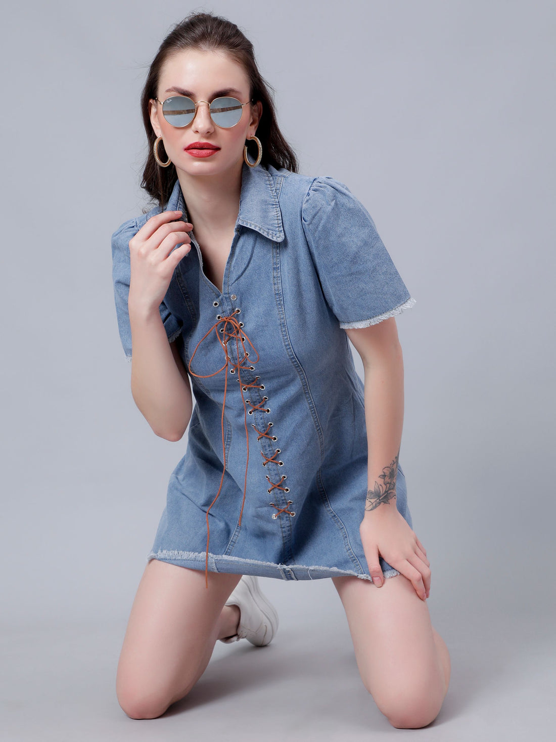 Lace Up Denim Short Dress
