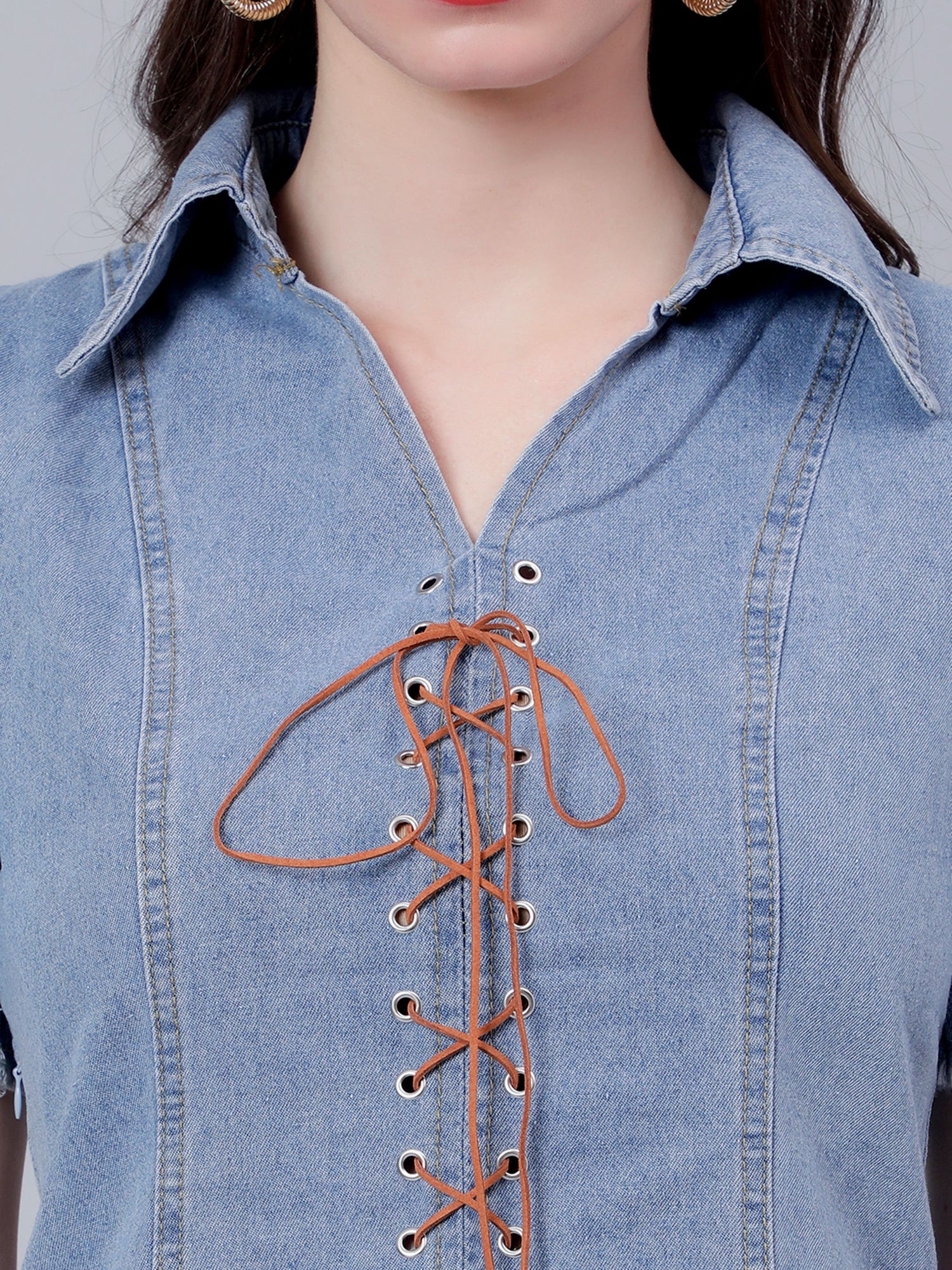 Lace Up Denim Short Dress